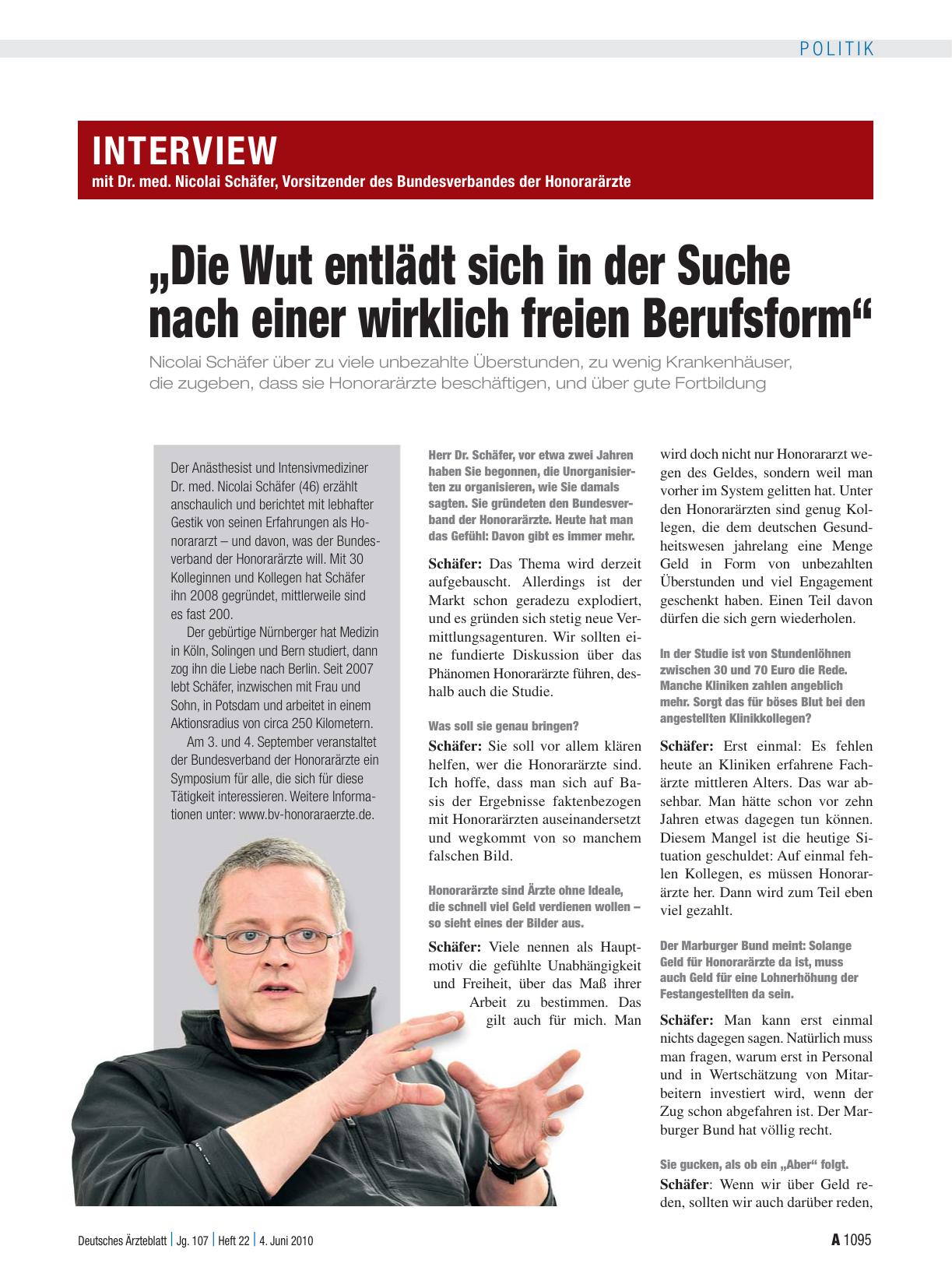 Vorschauseite 1: Interview mit Dr. med. Nicolai Schäfer, Vorsitzender des Bundesverbandes der Honorarärzte: „Die Wut entlädt sich in der Suche nach einer wirklich freien Berufsform“