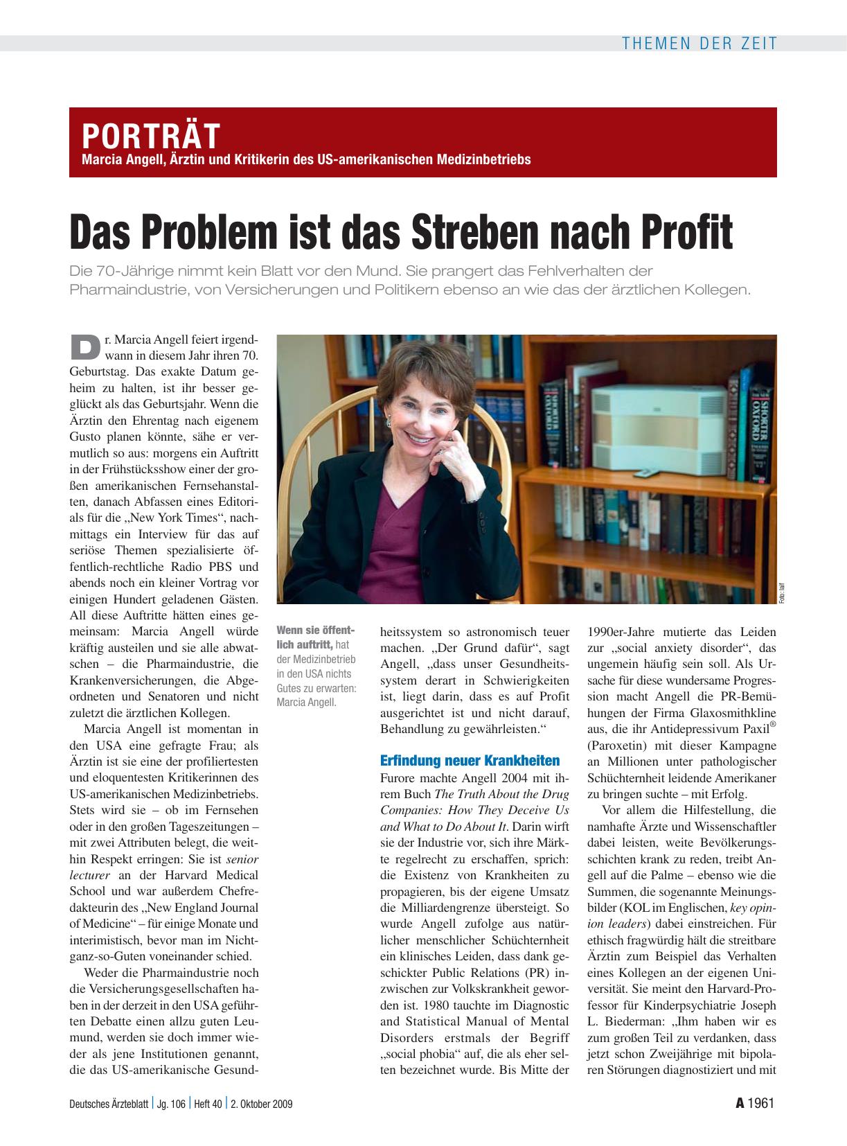 Vorschauseite 1: Porträt - Marcia Angell, Ärztin und Kritikerin des US-amerikanischen Medizinbetriebs: Das Problem ist das Streben nach Profit