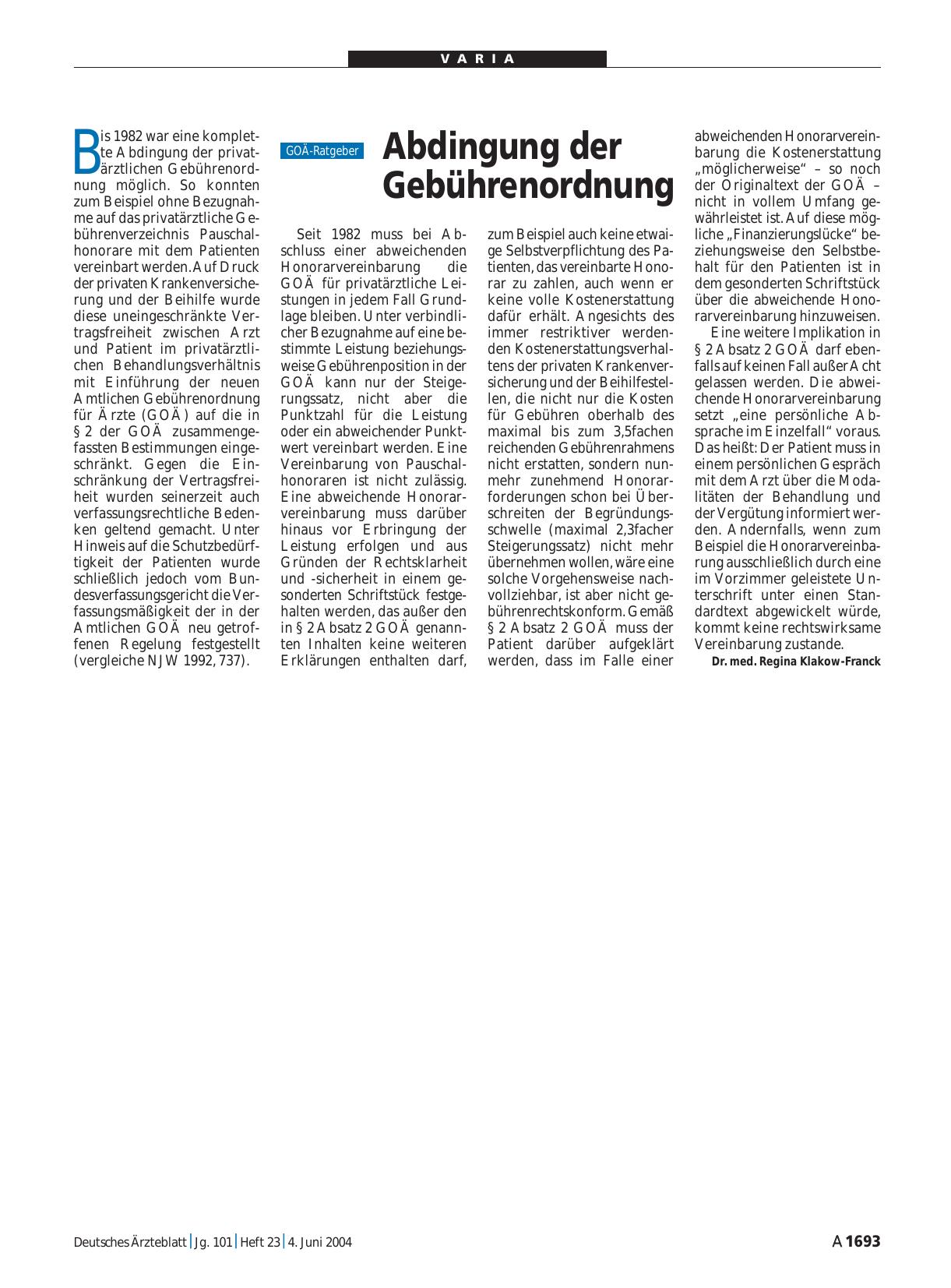 Vorschauseite 1: Abdingung der Gebührenordnung