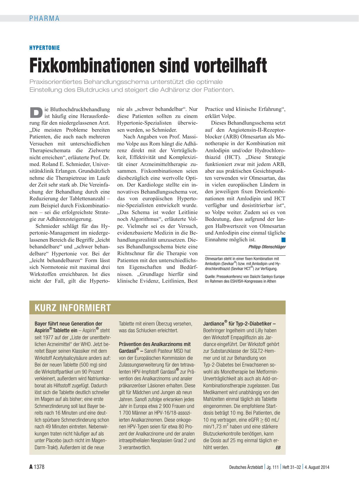 Vorschauseite 1: Hypertonie: Fixkombinationen sind vorteilhaft