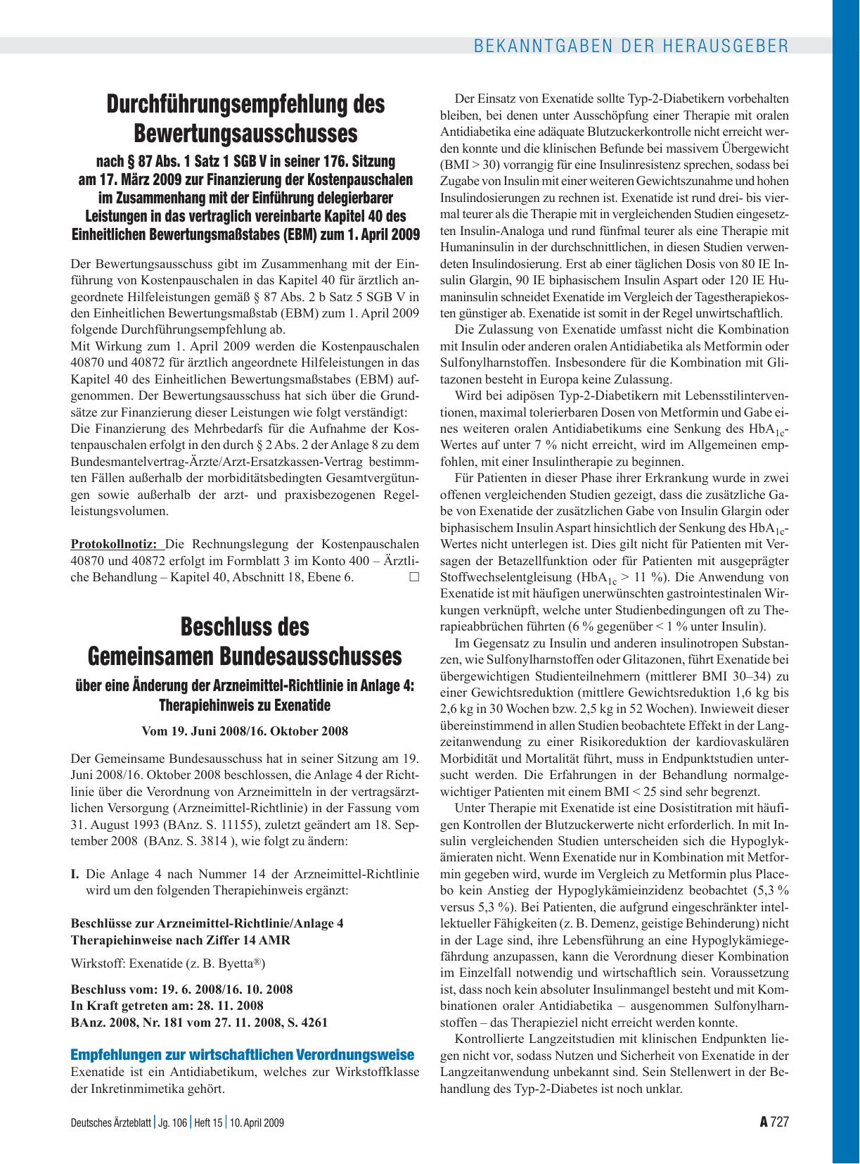 Vorschauseite 1: Durchführungsempfehlung des Bewertungsausschusses nach § 87 Abs. 1 Satz 1 SGB V in seiner 176. Sitzung am 17. März 2009 zur Finanzierung der Kostenpauschalen im Zusammenhang mit d…
