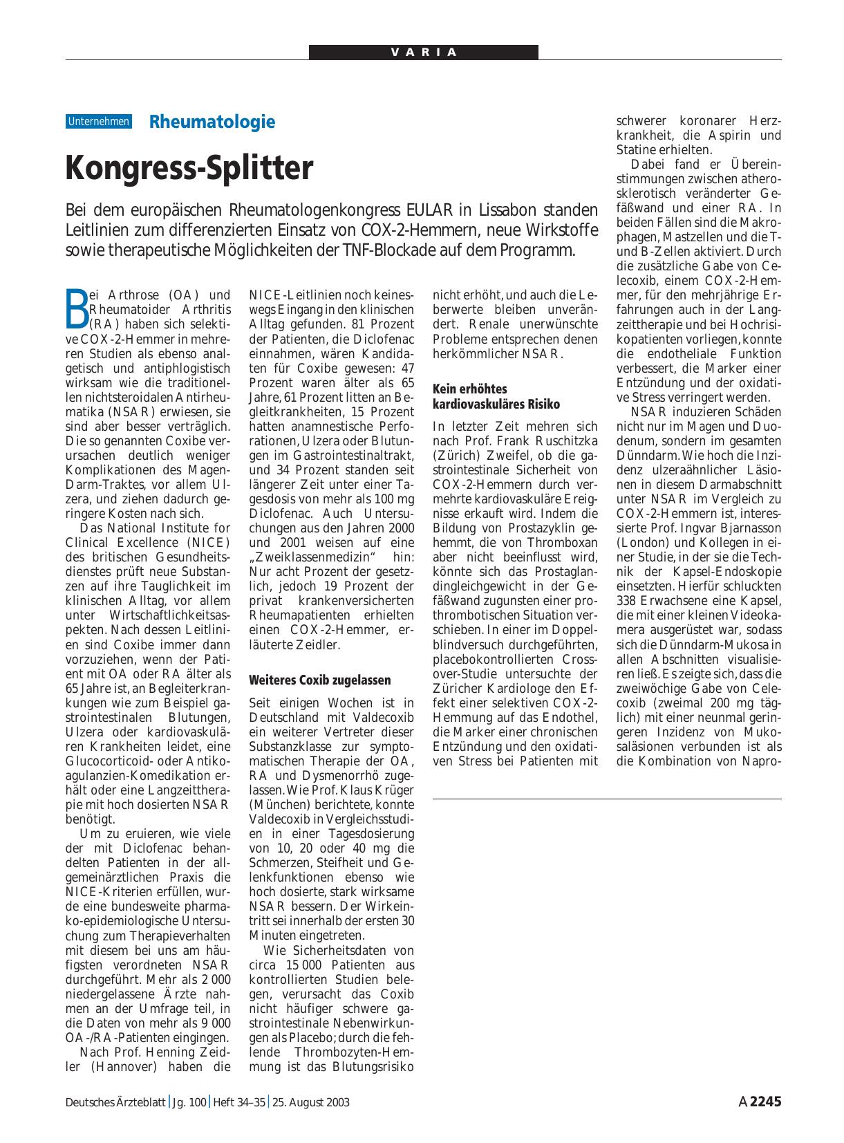 Vorschauseite 1: Rheumatologie: Kongress-Splitter