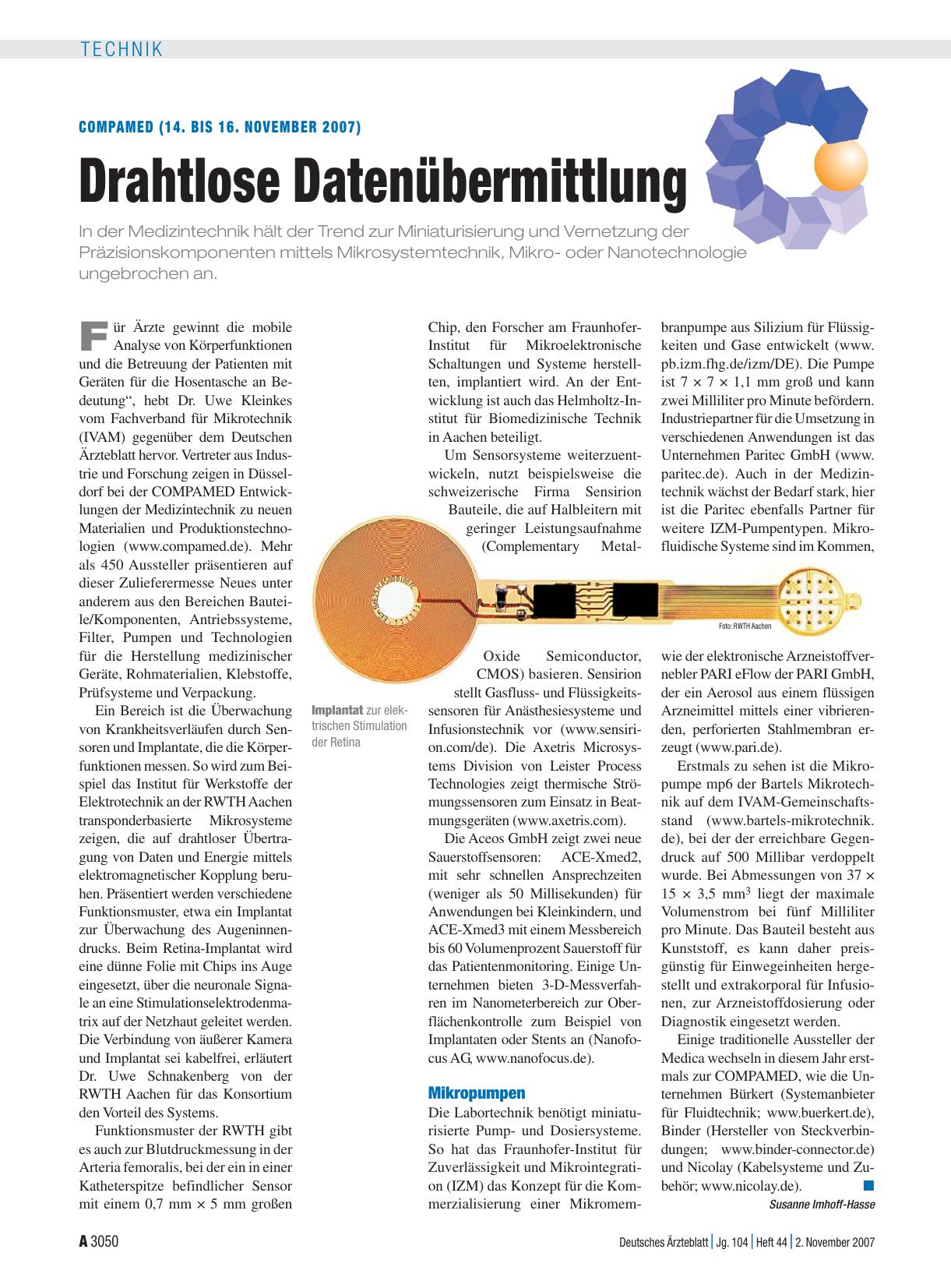 Vorschauseite 1: Compamed (14. bis 16. November 2007): Drahtlose Datenübermittlung
