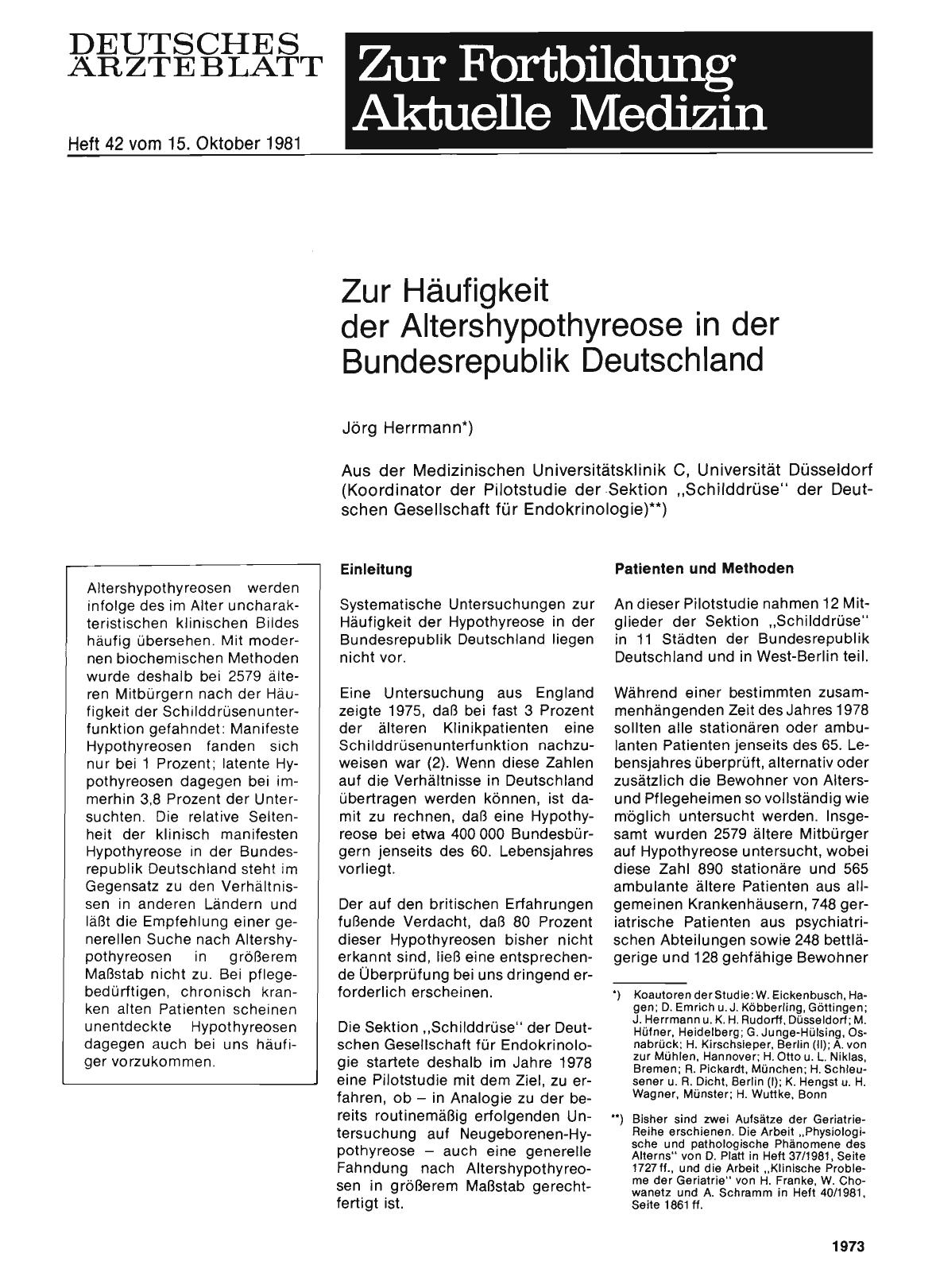 Vorschauseite 1: Zur Häufigkeit der Altershypothyreose in der Bundesrepublik Deutschland