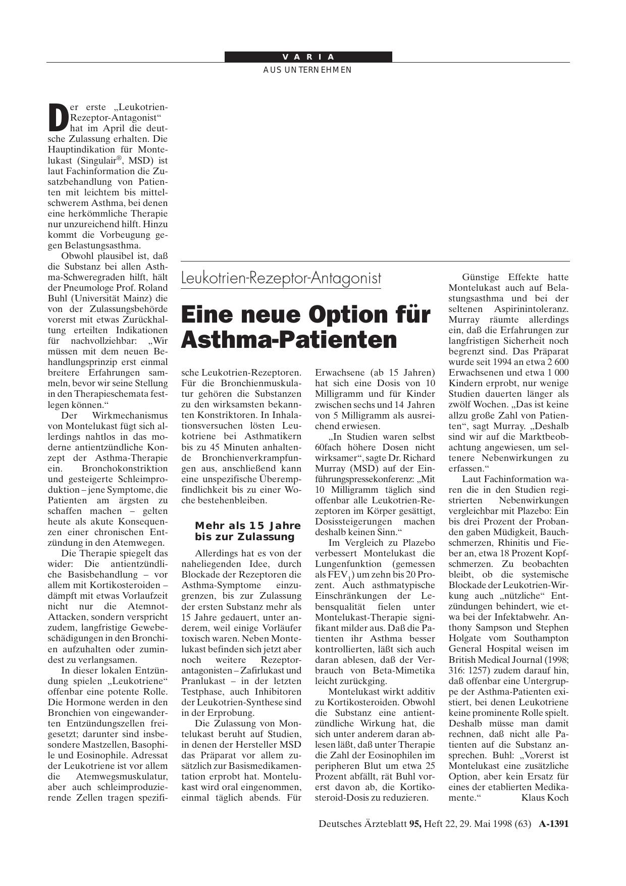 Vorschauseite 1: Leukotrien-Rezeptor-Antagonist: Eine neue Option für Asthma-Patienten
