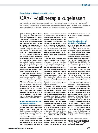 Vorschauseite 1: Rezidiviertes/refraktäres Mantelzell-Lymphom: CAR-T-Zelltherapie zugelassen