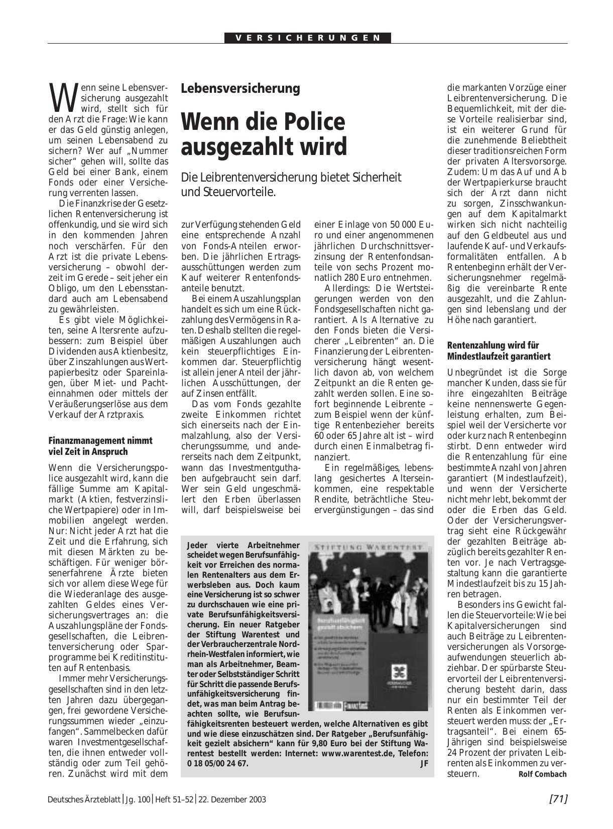 Vorschauseite 1: Ratgeber der Stiftung Warentest: Berufsunfähigkeitsversicherung