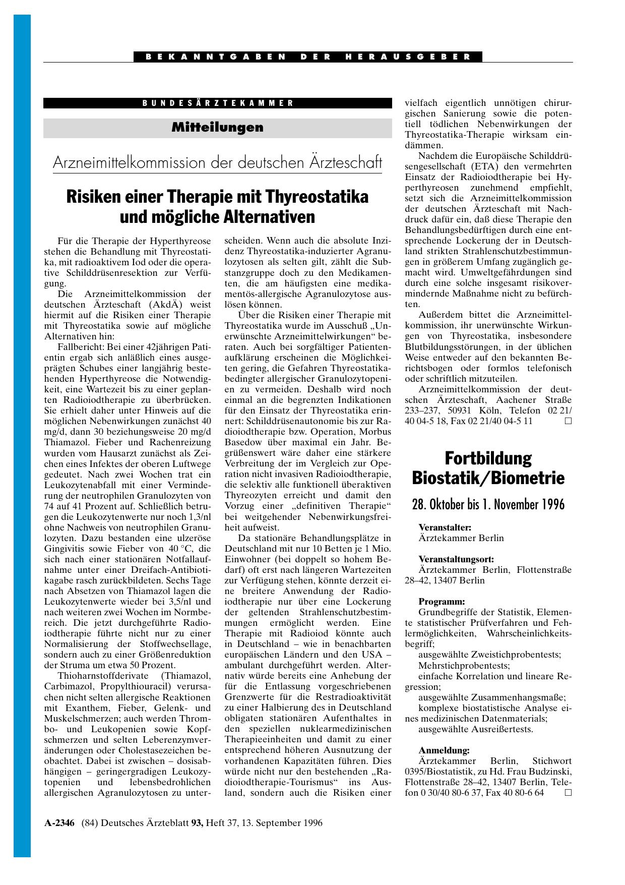 Vorschauseite 1: Fortbildung Biostatik/Biometrie 28. Oktober bis 1. November 1996