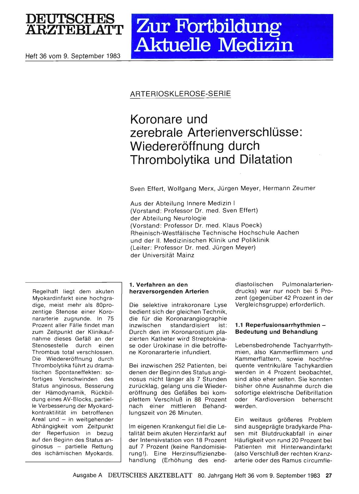 Vorschauseite 1: Koronare und zerebrale Arterienverschlüsse: Wiedereröffnung durch Thrombolytika und Dilatation