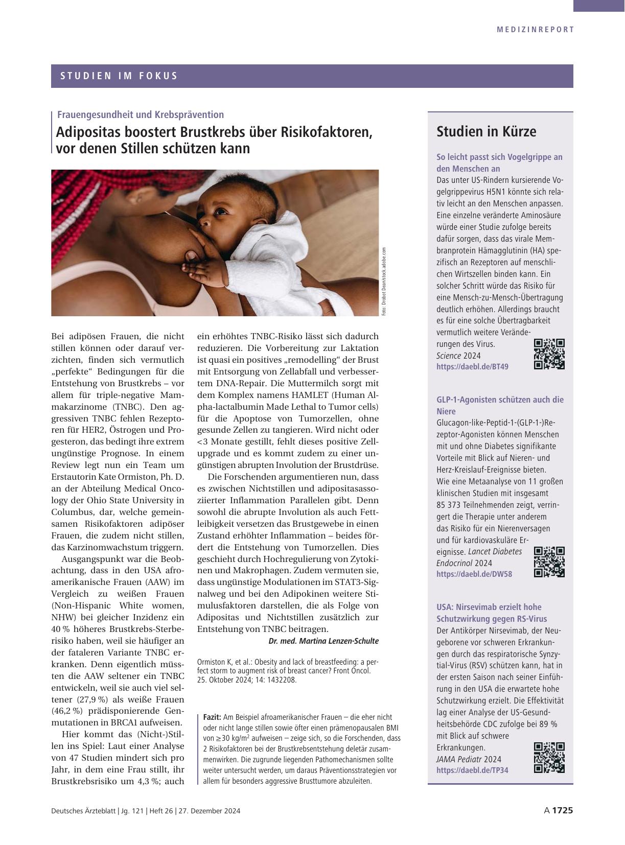 Vorschauseite 1: Frauengesundheit und Krebsprävention: Adipositas boostert Brustkrebs über Risikofaktoren, vor denen Stillen schützen kann.