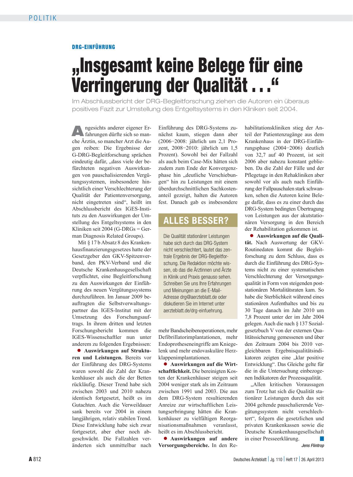 Vorschauseite 1: DRG-Einführung: „Insgesamt keine Belege für eine Verringerung der Qualität . . .“