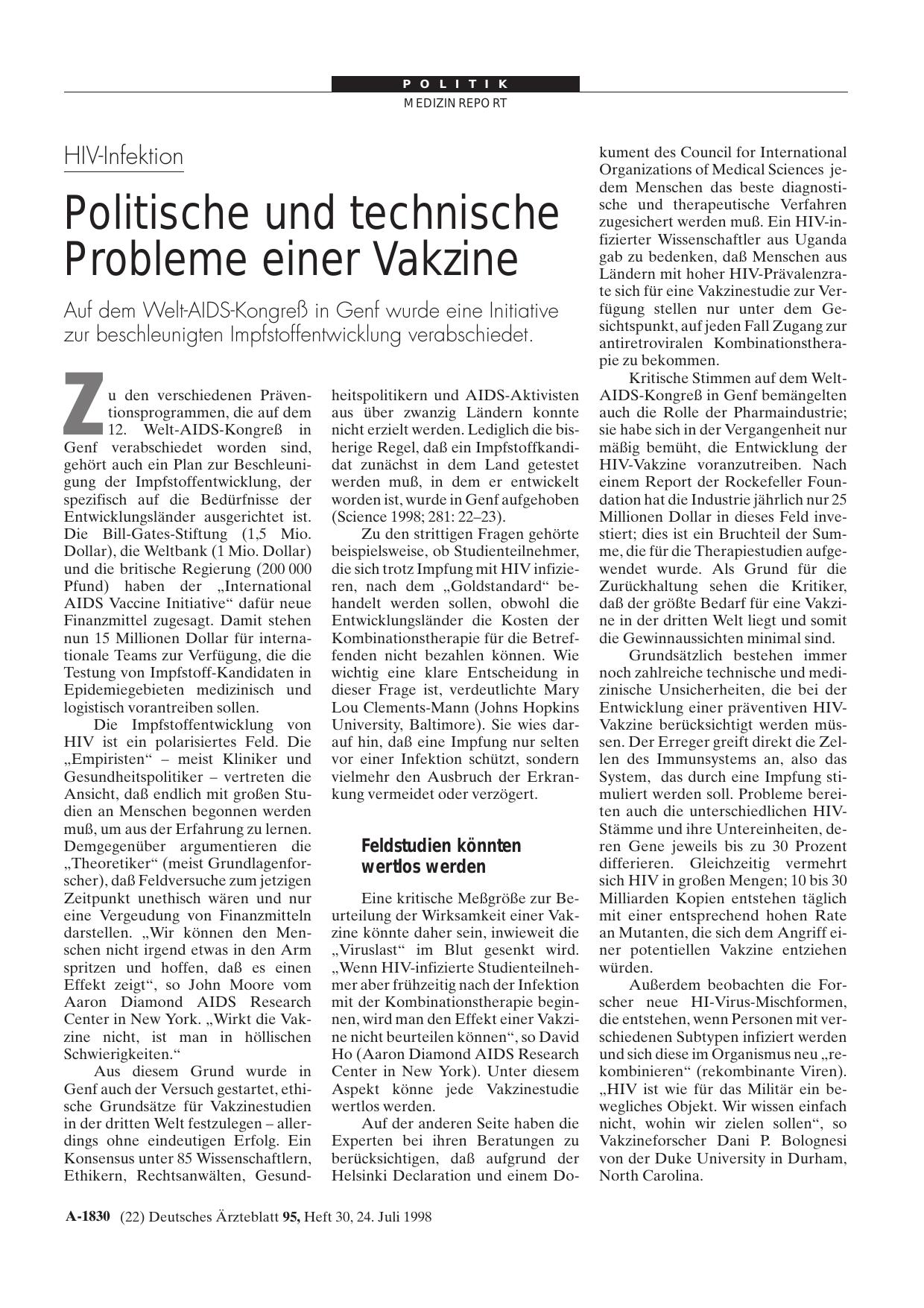 Vorschauseite 1: HIV-Infektion: Politische und technische Probleme einer Vakzine