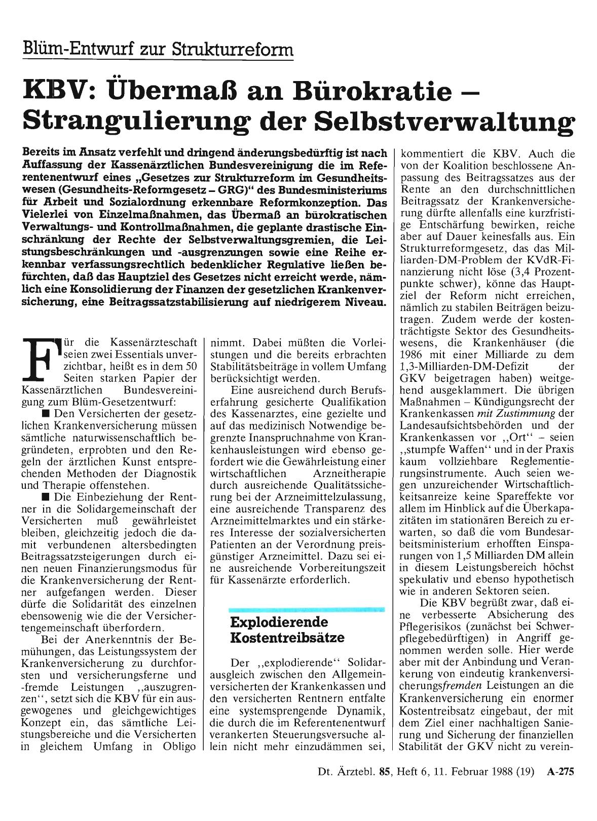 Vorschauseite 1: Blüm-Entwurf zur Strukturreform – KBV: Übermaß an Bürokratie – Strangulierung der Selbstverwaltung