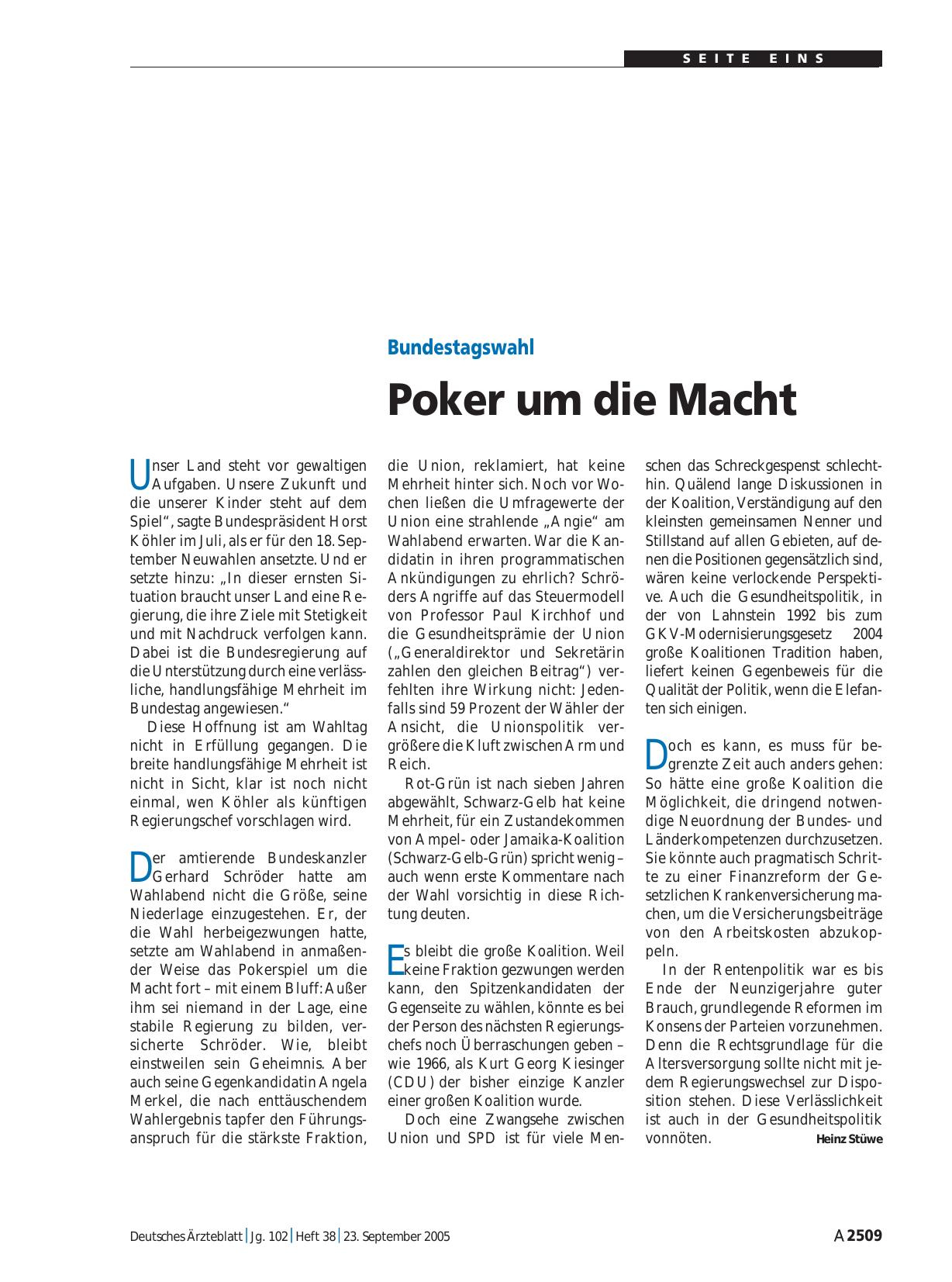 Vorschauseite 1: Bundestagswahl: Poker um die Macht