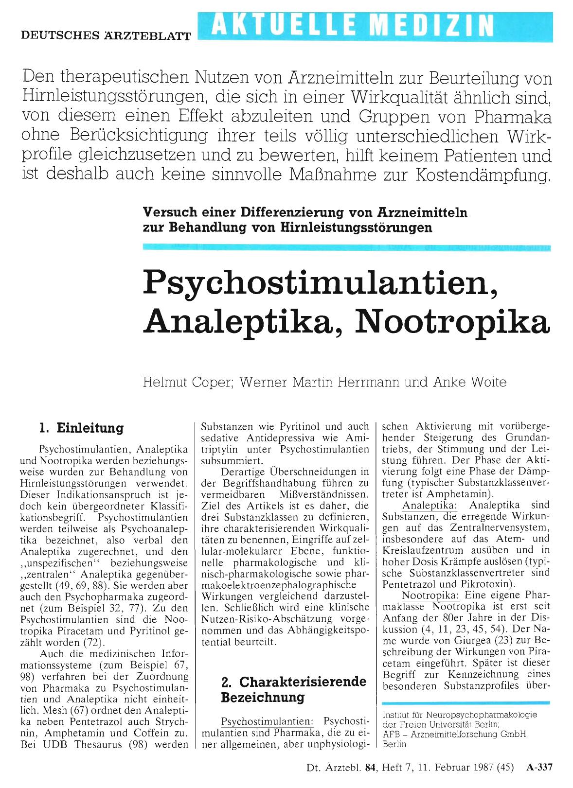 Vorschauseite 1: Psychostimulantien, Analeptika, Nootropika