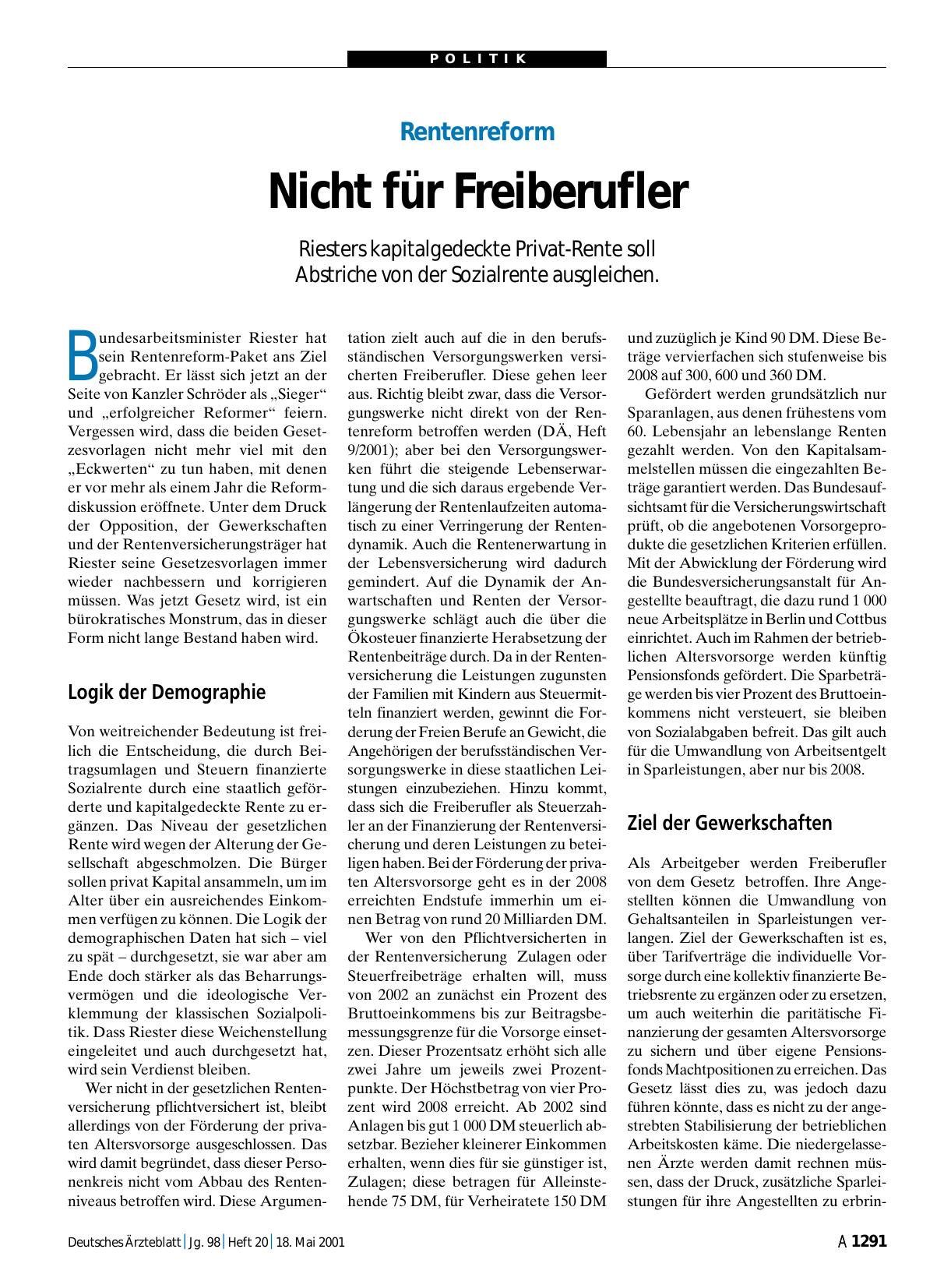 Vorschauseite 1: Rentenreform: Nicht für Freiberufler