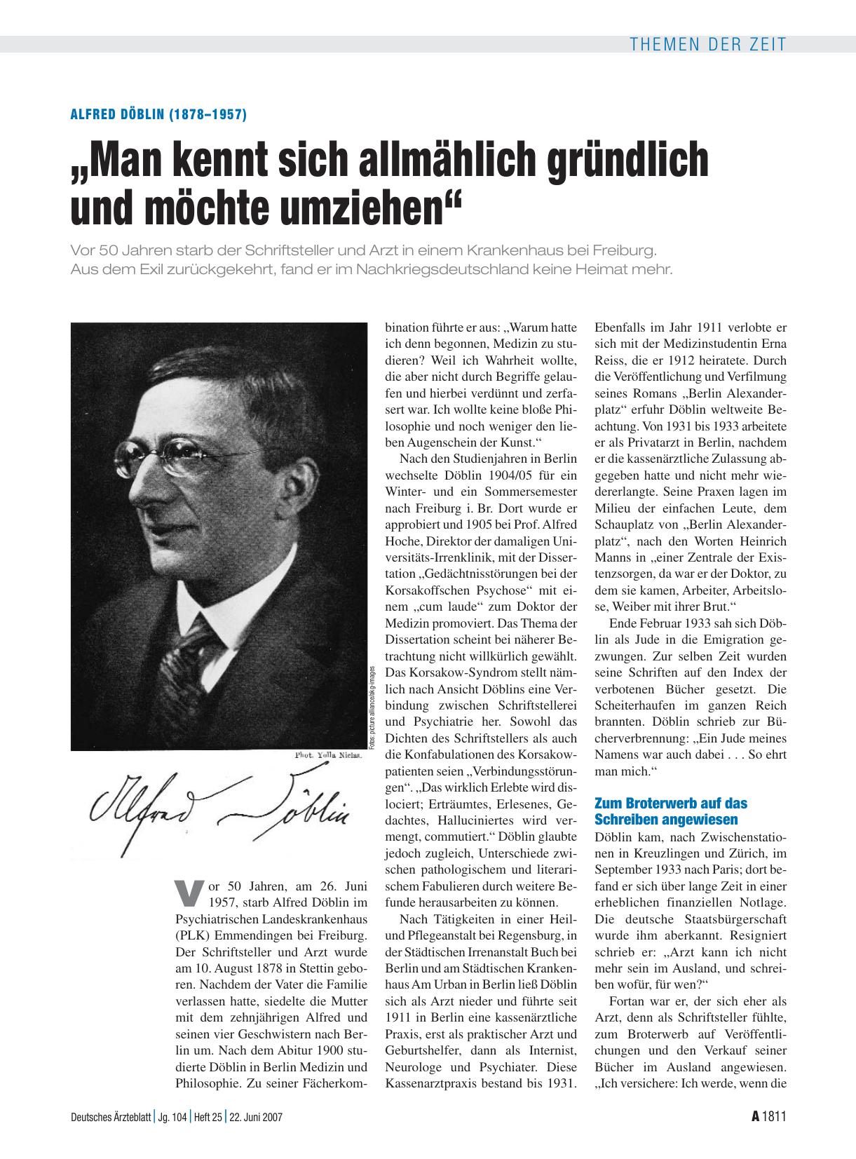 Vorschauseite 1: Alfred Döblin (1878 – 1957): „Man kennt sich allmählich gründlich und möchte umziehen“