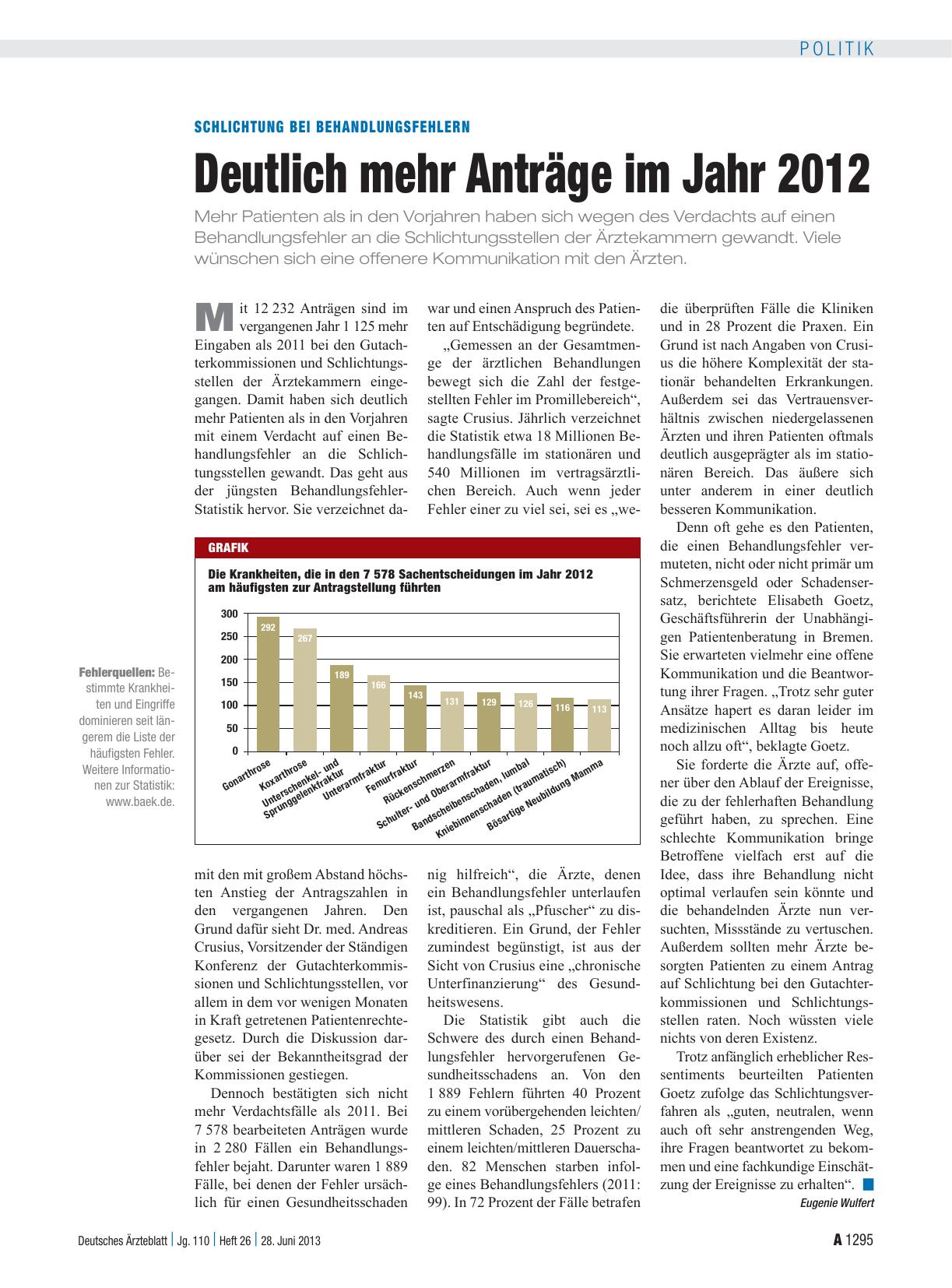 Vorschauseite 1: Schlichtung bei Behandlungsfehlern: Deutlich mehr Anträge im Jahr 2012