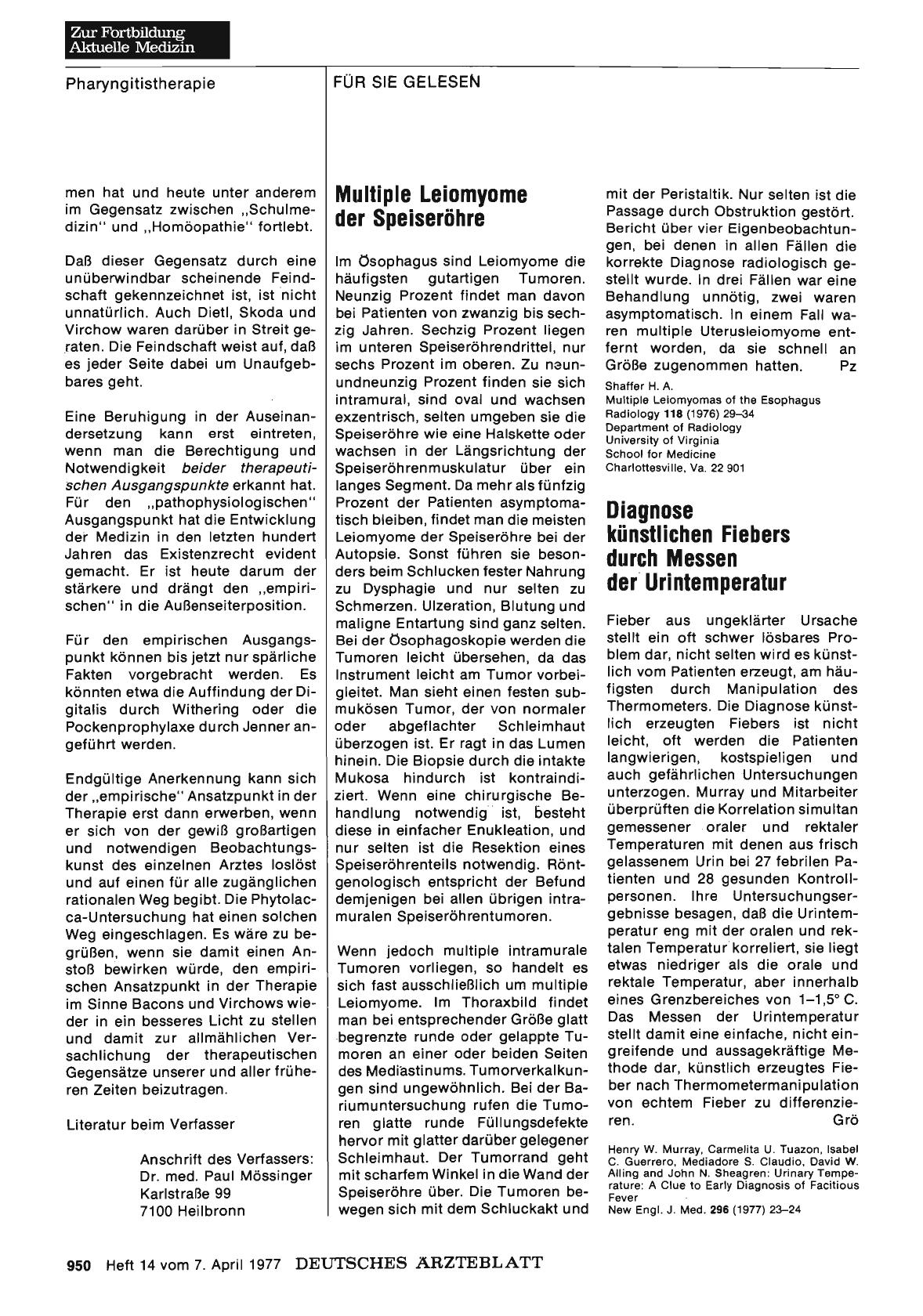 Vorschauseite 1: Multiple Leinmyome der Speiseröhre