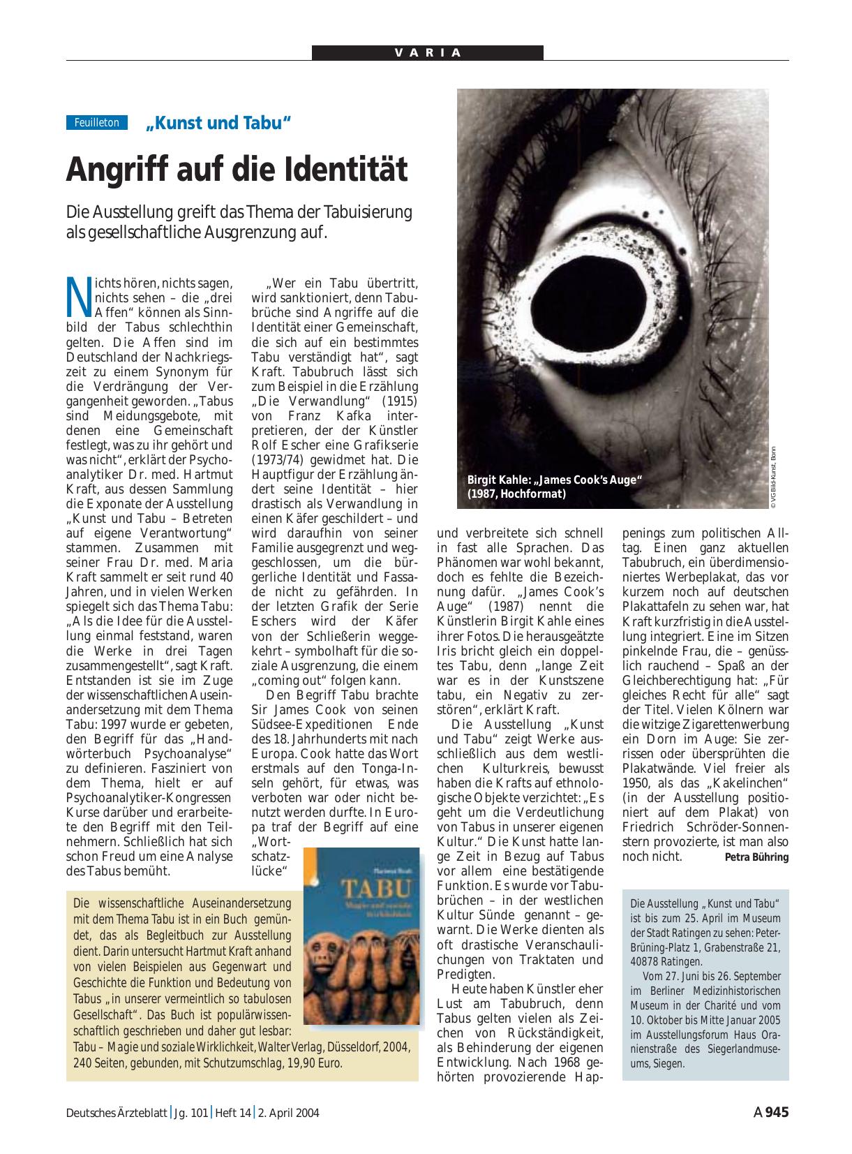 Vorschauseite 1: „Kunst und Tabu“: Angriff auf die Identität