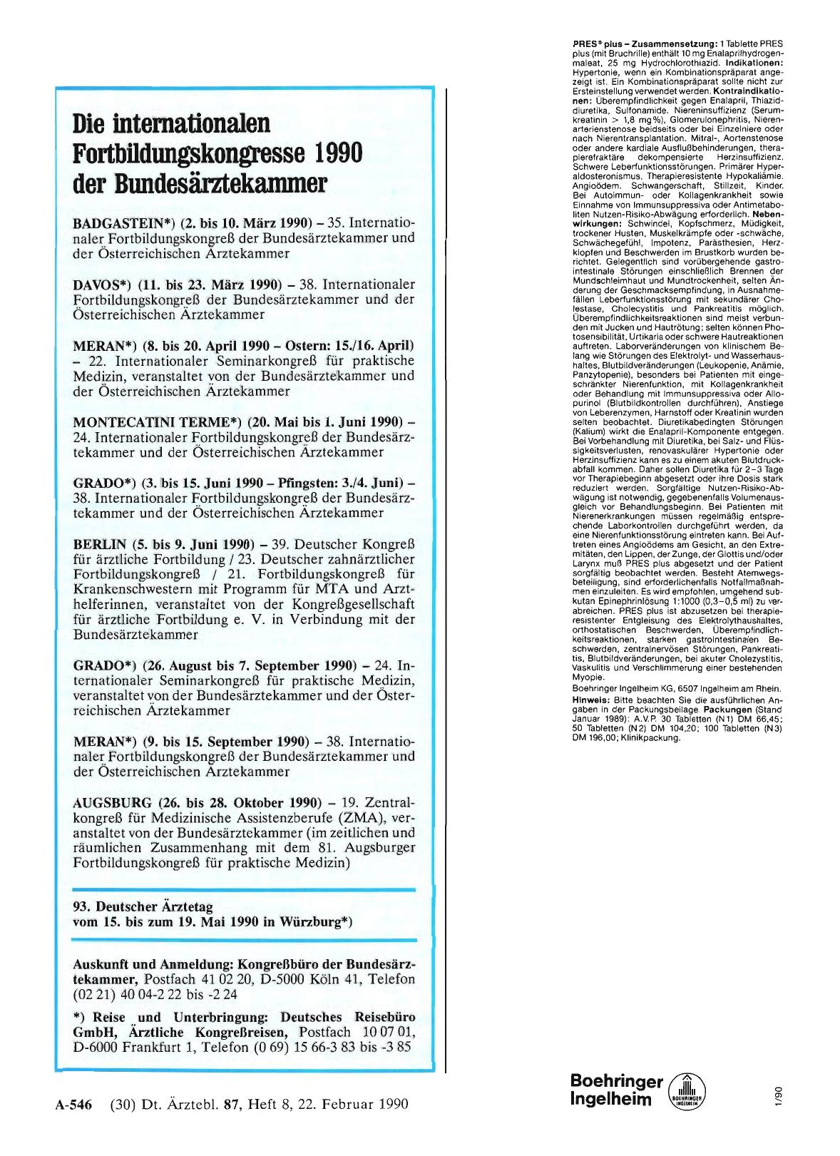 Vorschauseite 1: Die internationalen Fortbildungskongresse 1990 der Bundesärztekanuner
