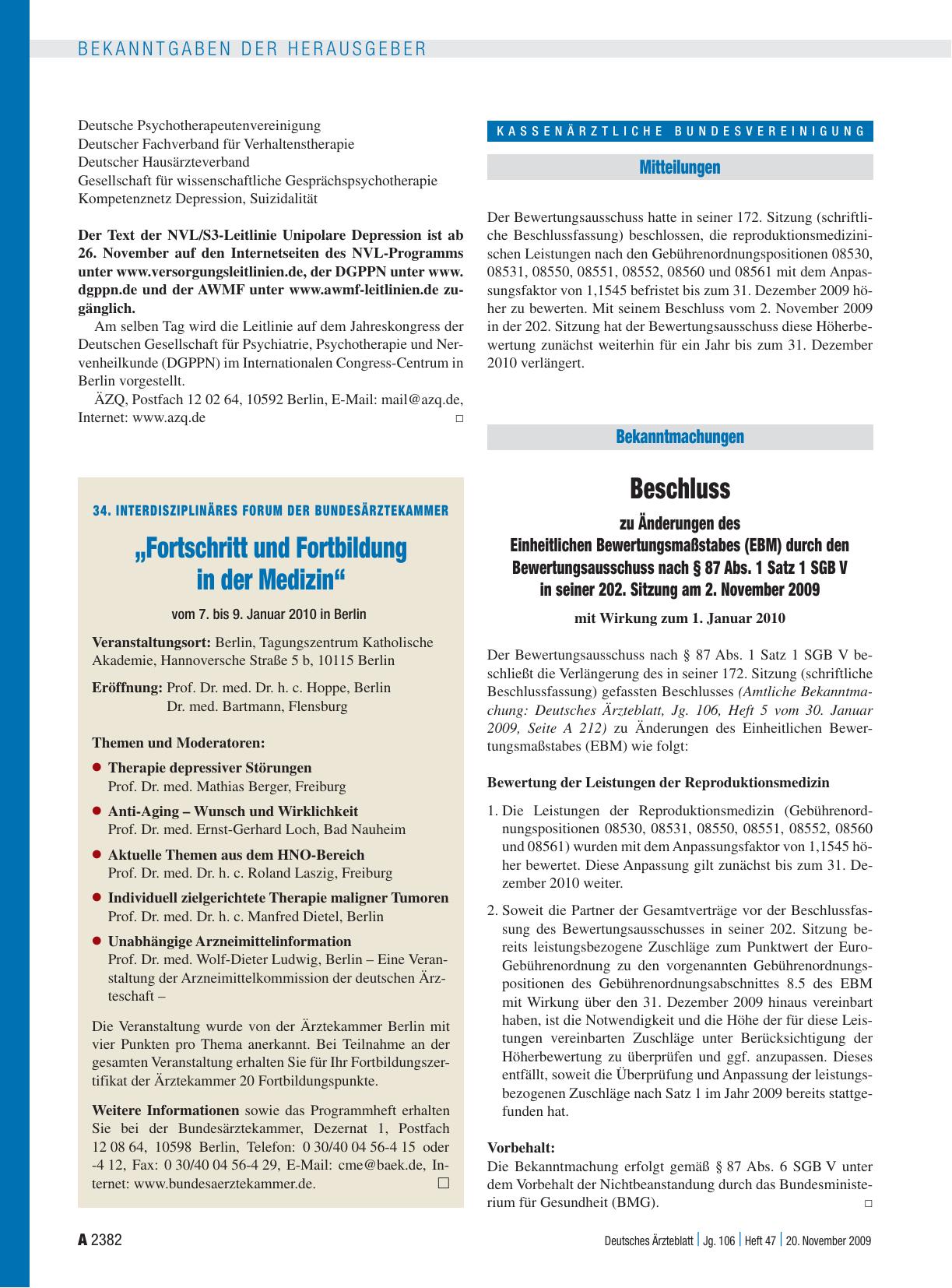 Vorschauseite 1: Beschluss zu Änderungen des Einheitlichen Bewertungsmaßstabes (EBM) durch den Bewertungsausschuss nach § 87 Abs. 1 Satz 1 SGB V in seiner 202. Sitzung am 2. November 2009 mit Wirk…