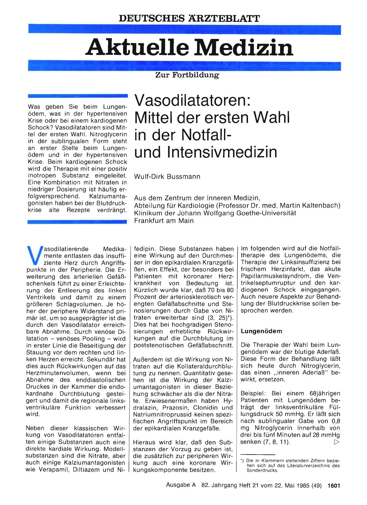 Vorschauseite 1: Vasodilatatoren: Mittel der ersten Wahl in der Notfallund Intensivmedizin