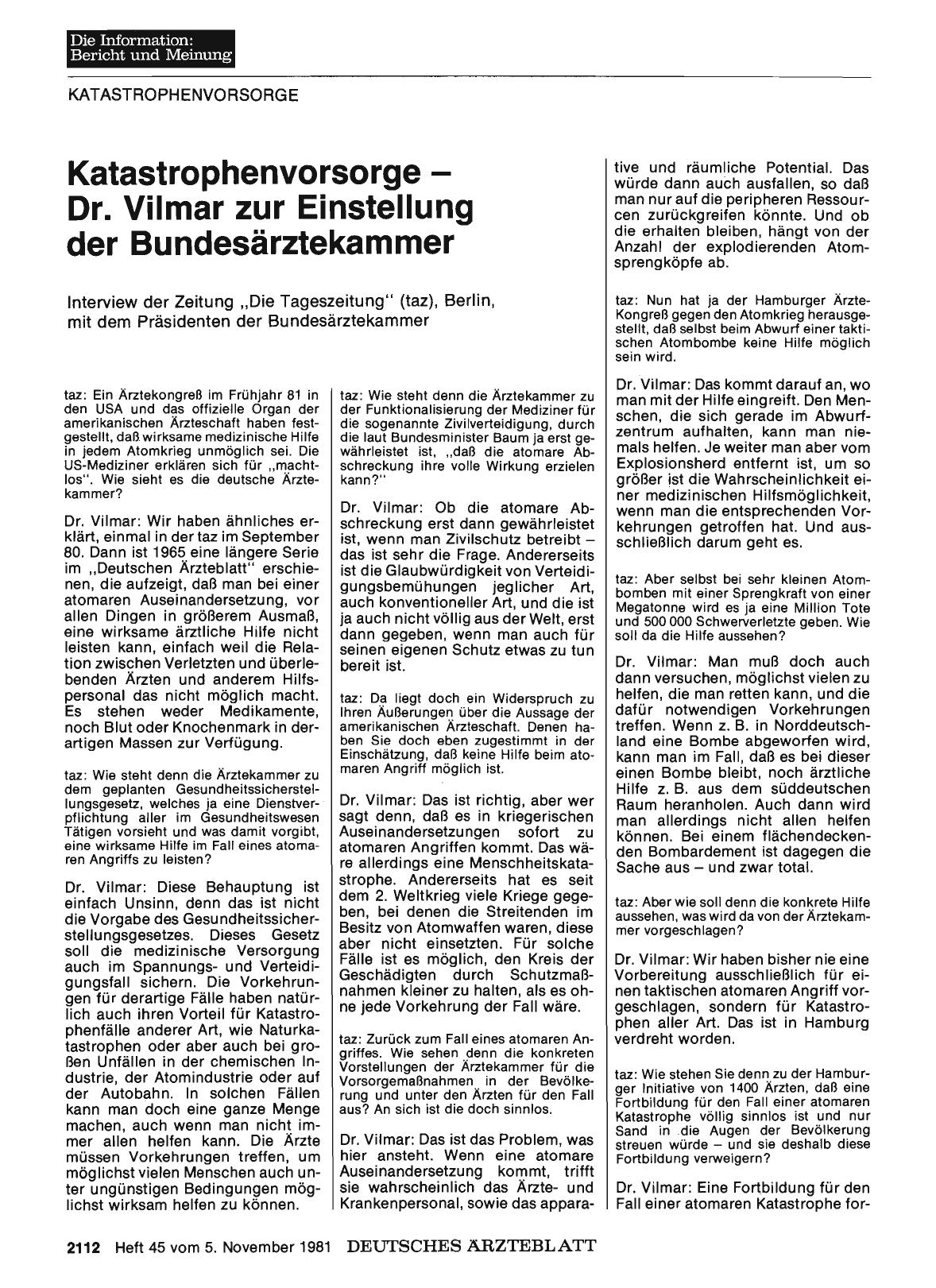 Vorschauseite 1: Katastrophenvorsorge Dr. Vilmar zur Einstellung der Bundesärztekammer