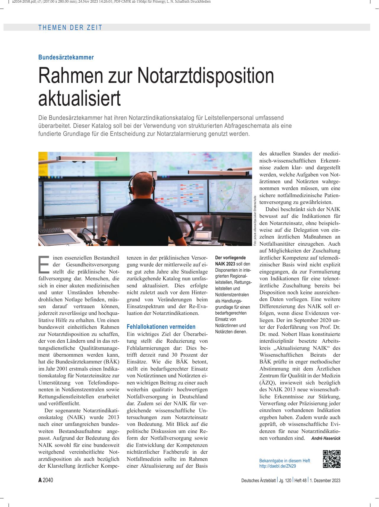 Vorschauseite 1: Bundesärztekammer: Rahmen zur Notarztdisposition aktualisiert