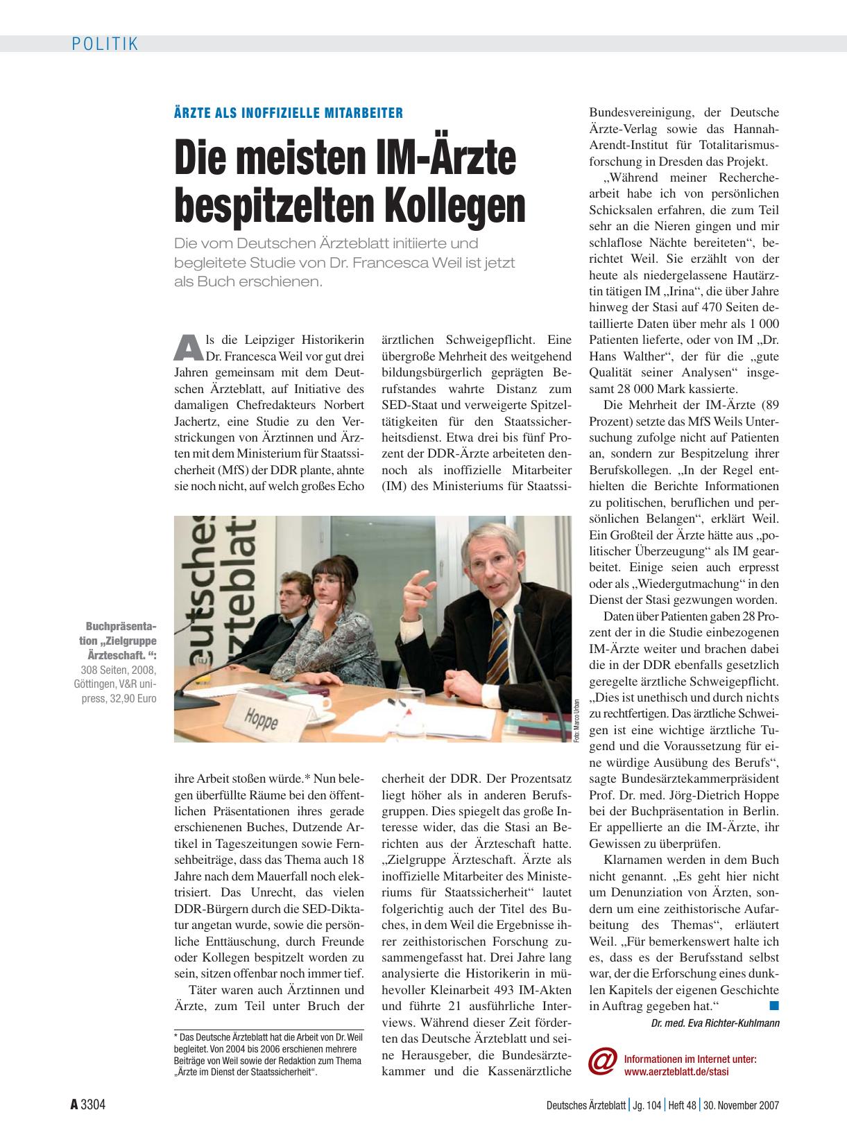 Vorschauseite 1: Ärzte als inoffizielle Mitarbeiter: Die meisten IM-Ärzte bespitzelten Kollegen