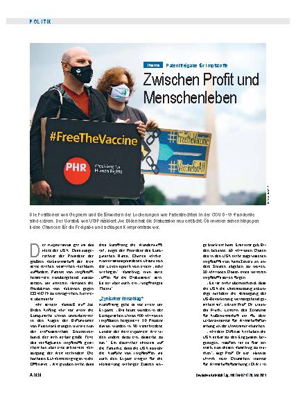 Vorschauseite 1: Patentfreigabe für Impfstoffe: Zwischen Profit und Menschenleben