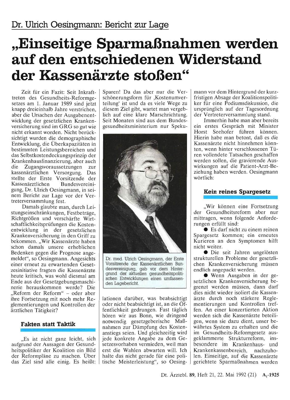 Vorschauseite 1: Dr. Ulrich Oesingrnann: Bericht zur Lage: „Einseitige Sparmaßnahmen werden auf den entschiedenen Widerstand der Kassenärzte stoßen“