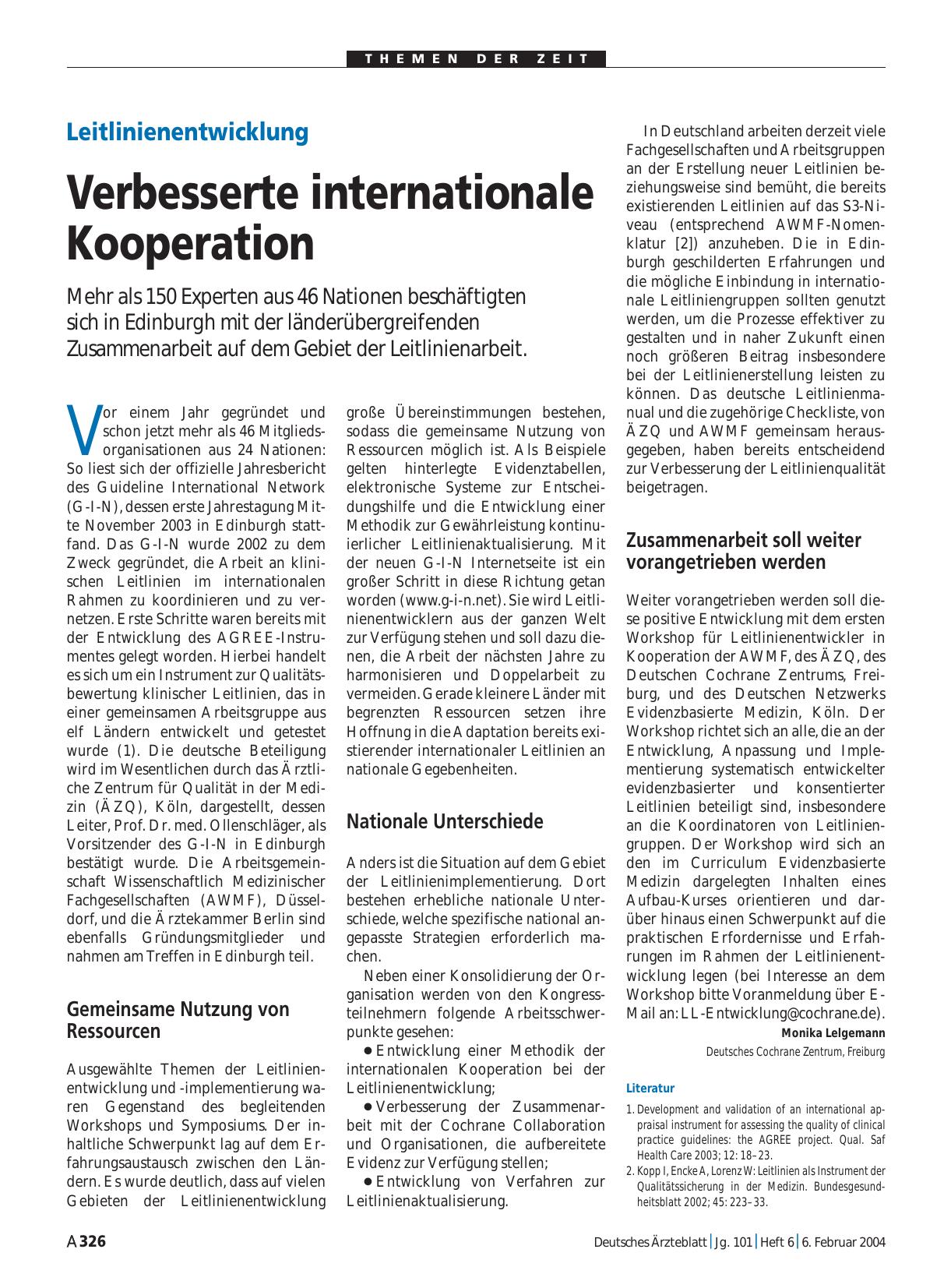 Vorschauseite 1: Leitlinienentwicklung: Verbesserte internationale Kooperation