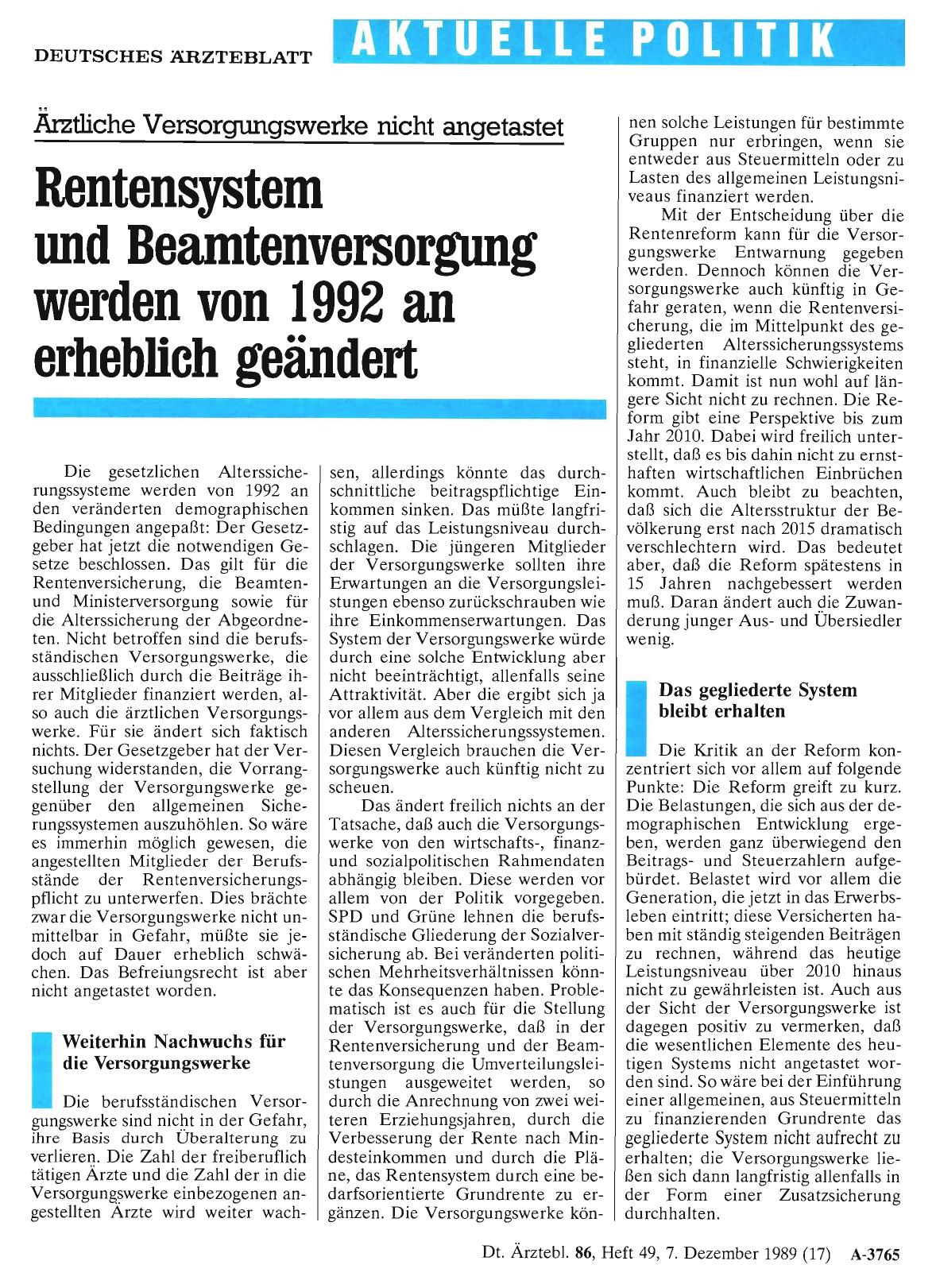 Vorschauseite 1: Ärztliche Versorgungswerke nicht angetastet: Rentensystem und Beamtenversorgung werden von 1992 an erheblich geändert
