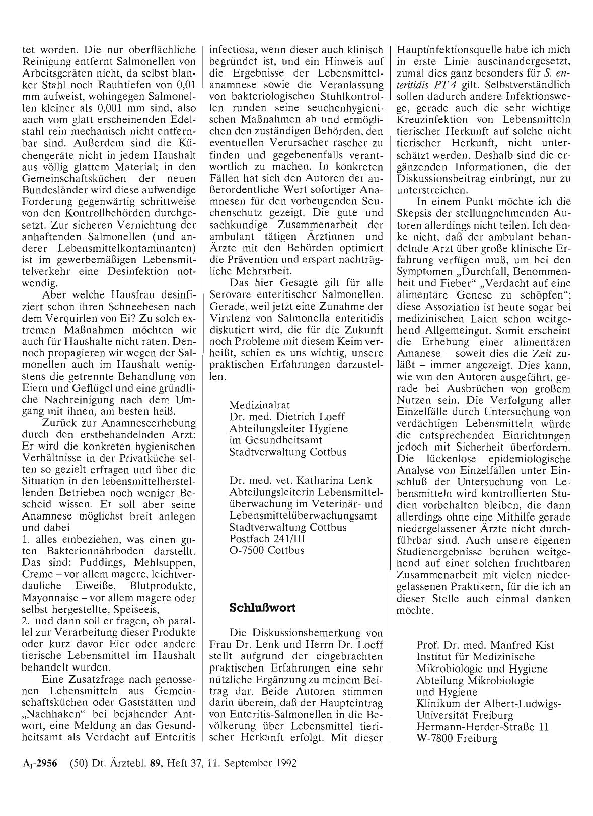Vorschauseite 1: Seuchenartige Zunahme der Infektionen durch Salmonella enteridis: Schlußwort