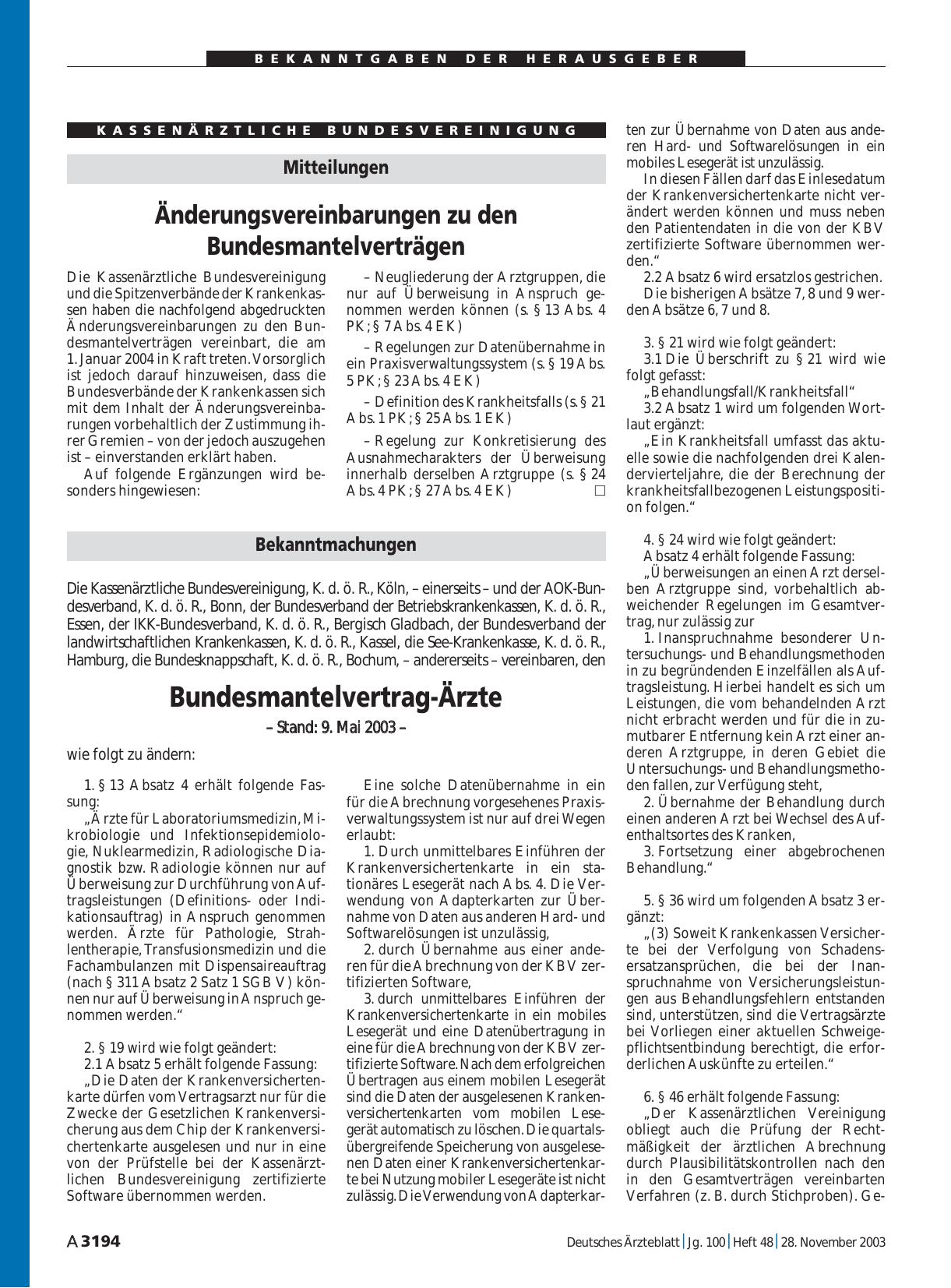 Vorschauseite 1: Bekanntmachungen: Bundesmantelvertrag-Ärzte