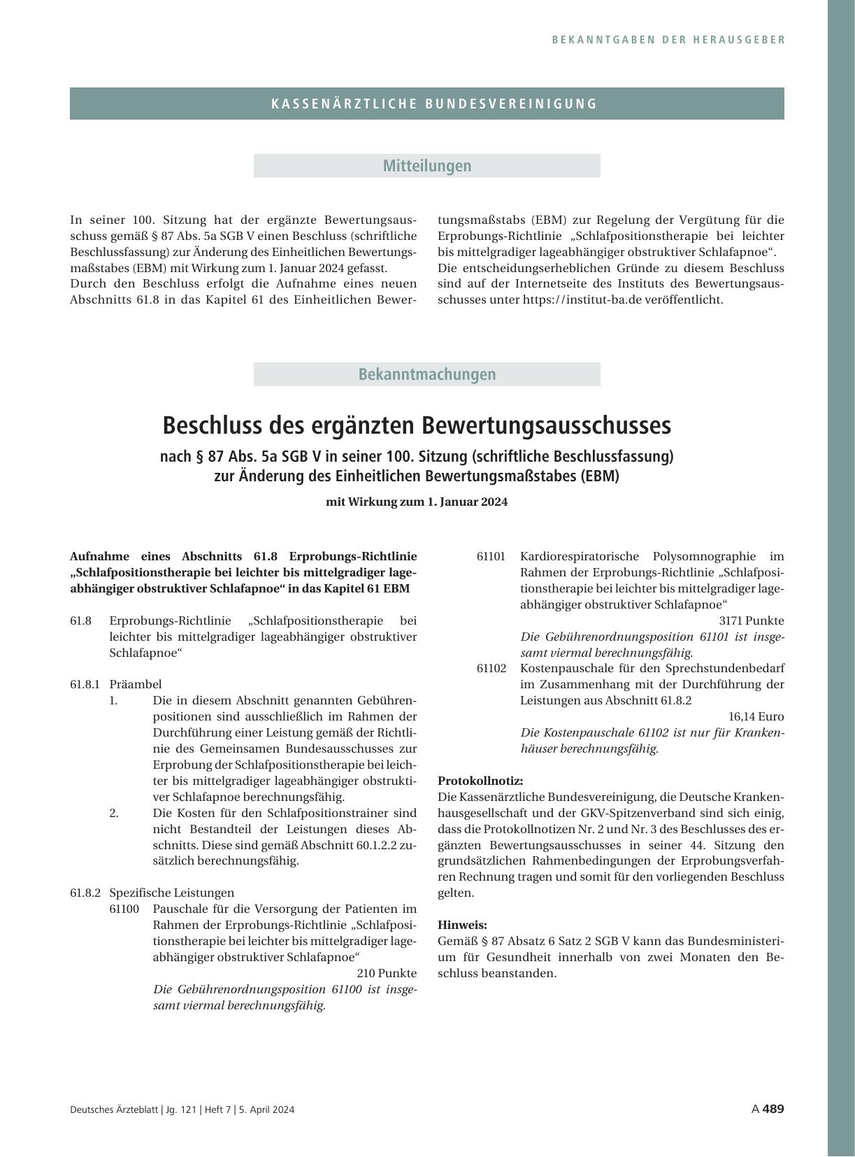 Vorschauseite 1: Beschluss des ergänzten Bewertungsausschusses nach § 87 Abs. 5a SGB V in seiner 100. Sitzung (schriftliche Beschlussfassung) zur Änderung des Einheitlichen Bewertungsmaßstabes (EB…