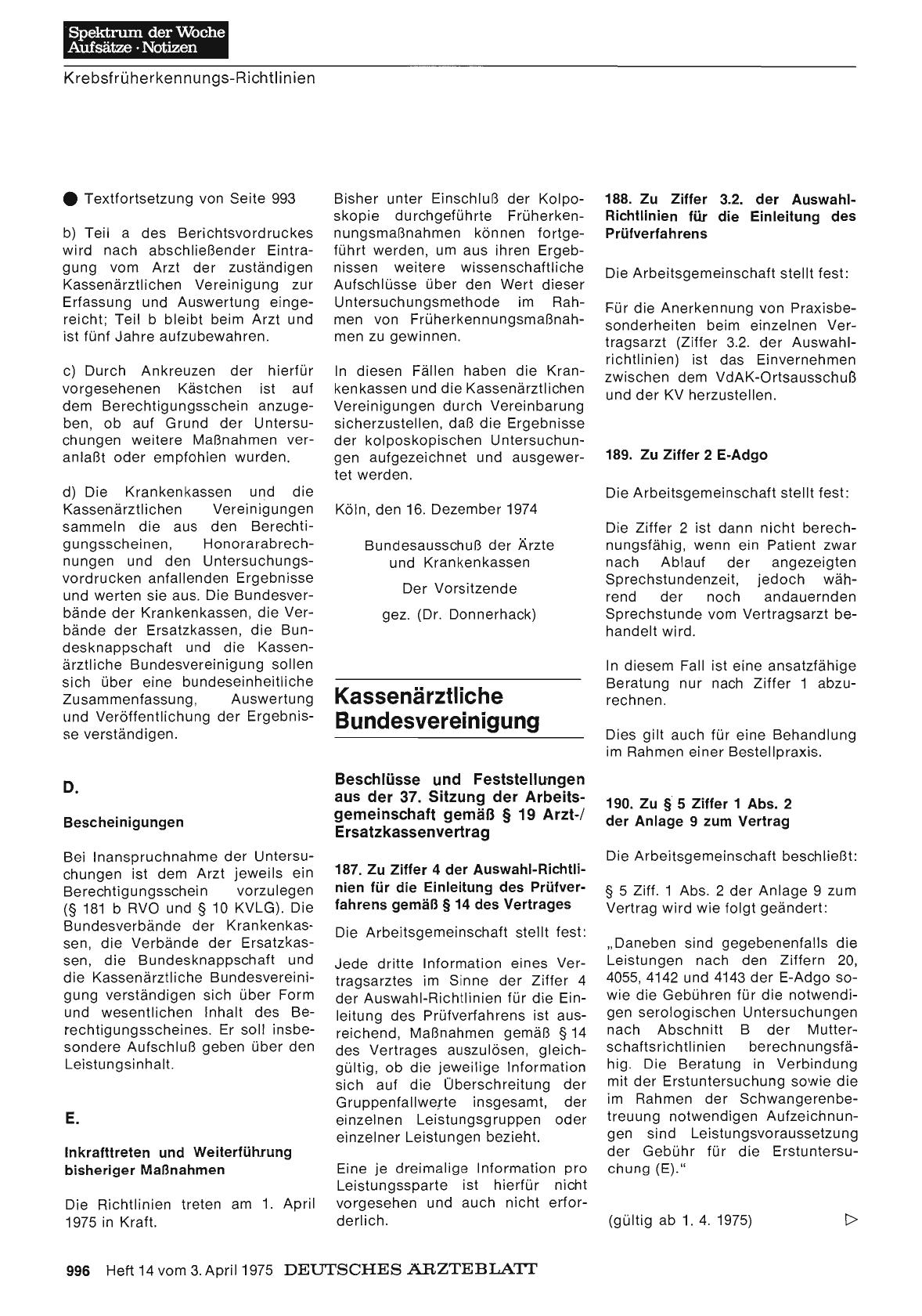 Vorschauseite 1: Kassenärztliche Bundesvereinigung: Beschlüsse und Feststellungen aus der 37. Sitzung der Arbeitsgemeinschaft gemäß § 19 Arzt-/ Ersatzkassenvertrag