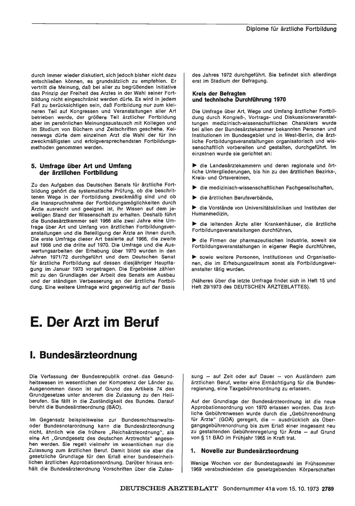 Vorschauseite 1: Bericht über das Jahr 1972/73: E. Der Arzt im Beruf I. Bundesärzteordnung
