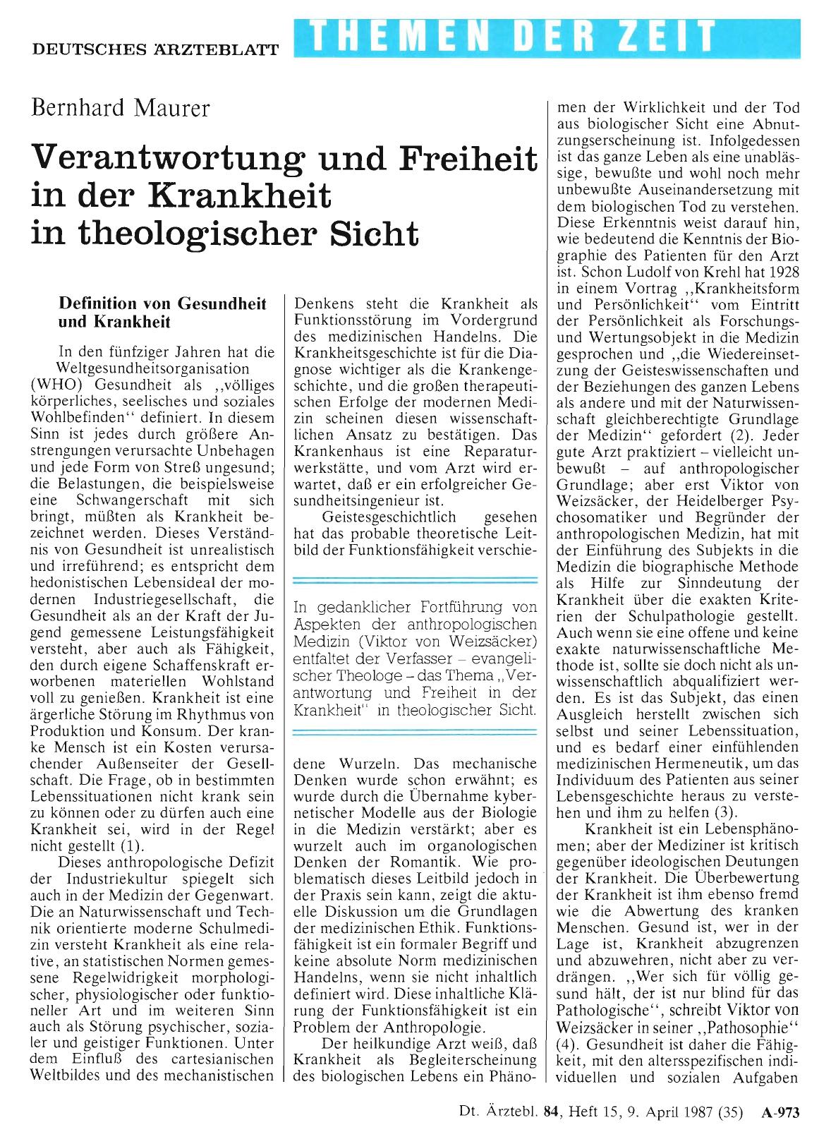 Vorschauseite 1: Verantwortung und Freiheit in der Krankheit in theologischer Sicht
