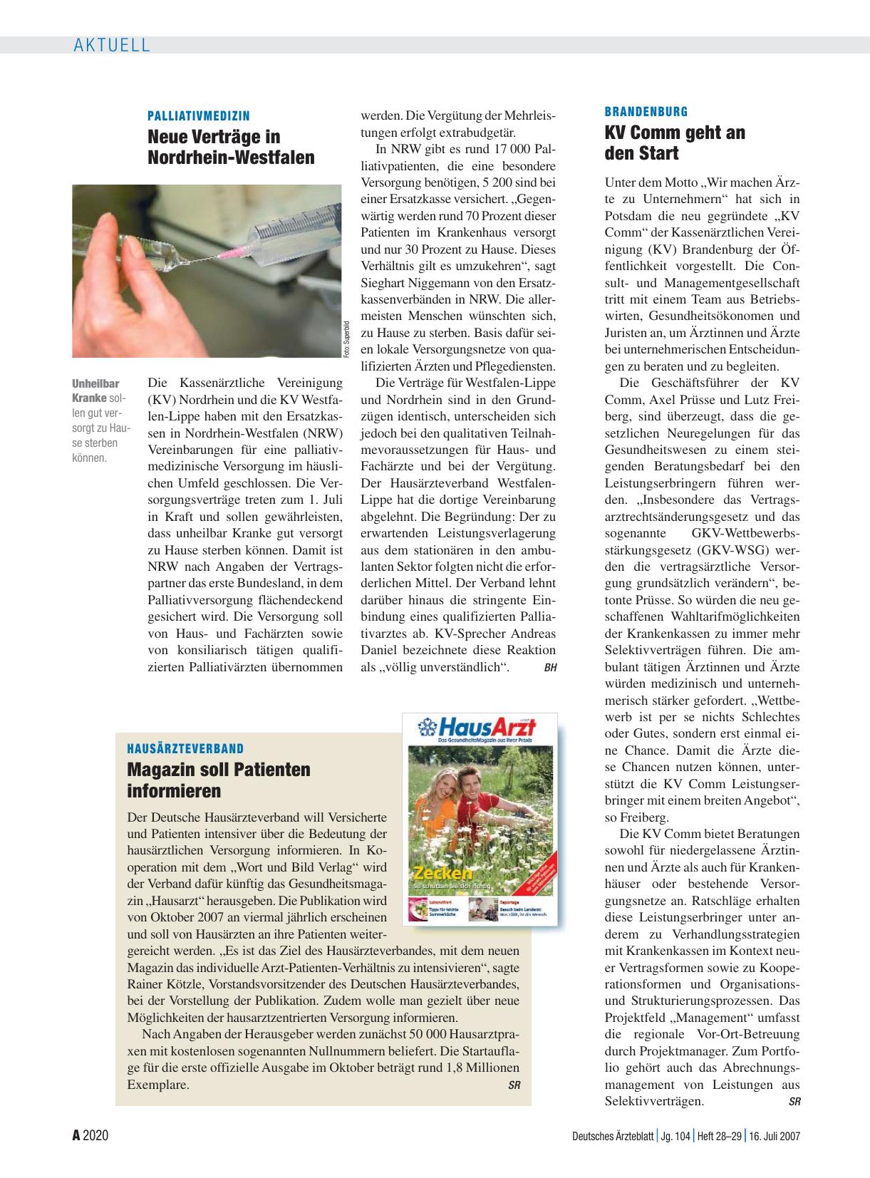 Vorschauseite 1: Palliativmedizin: Neue Verträge in Nordrhein-Westfalen