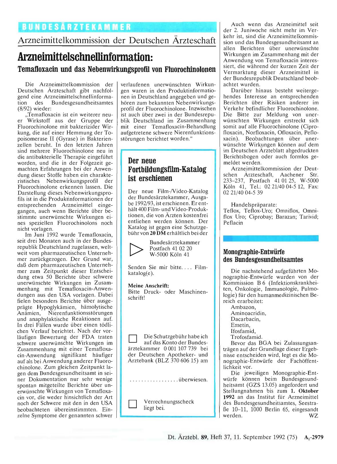 Vorschauseite 1: Arzneimittelkommission der Deutschen Ärzteschaft: Armeimittelschnellinformatbn: Temalloxacin und das Nebenwirkungsprofil von Morodeoionen