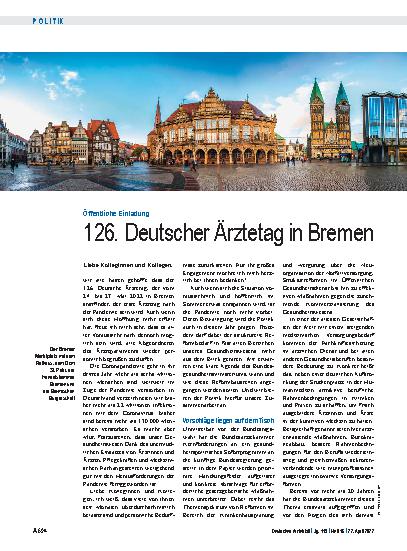 Vorschauseite 1: Öffentliche Einladung: 126. Deutscher Ärztetag in Bremen