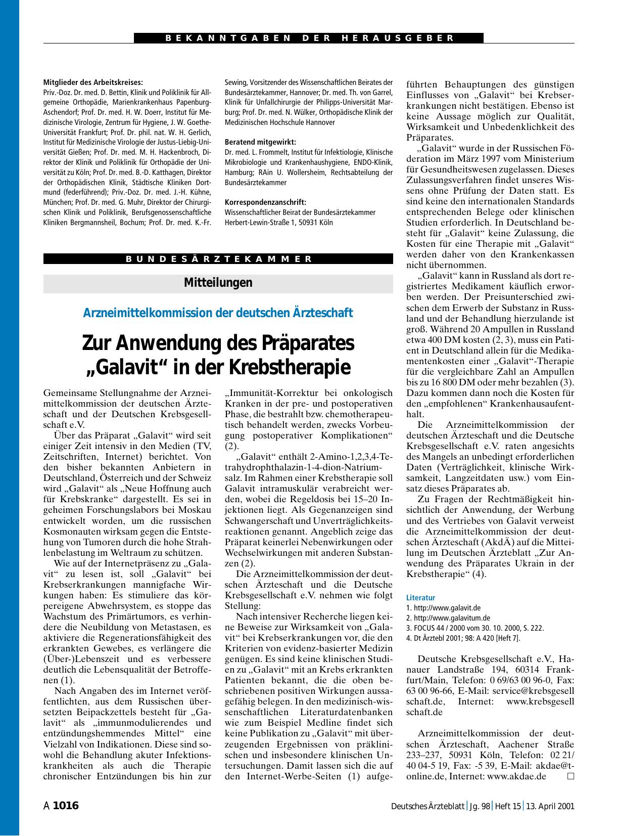 Vorschauseite 1: Arzneimittelkommission der deutschen Ärzteschaft: Zur Anwendung des Präparates „Galavit“ in der Krebstherapie