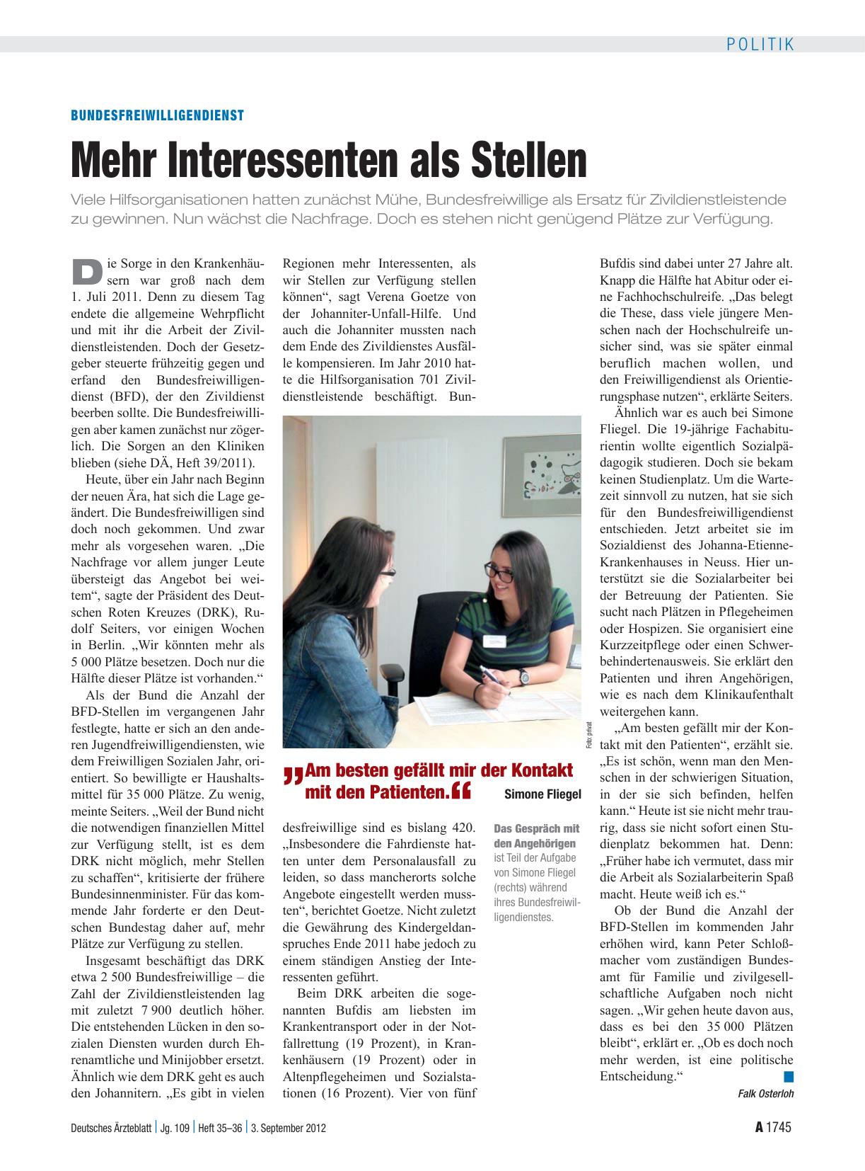 Vorschauseite 1: Bundesfreiwilligendienst: Mehr Interessenten als Stellen