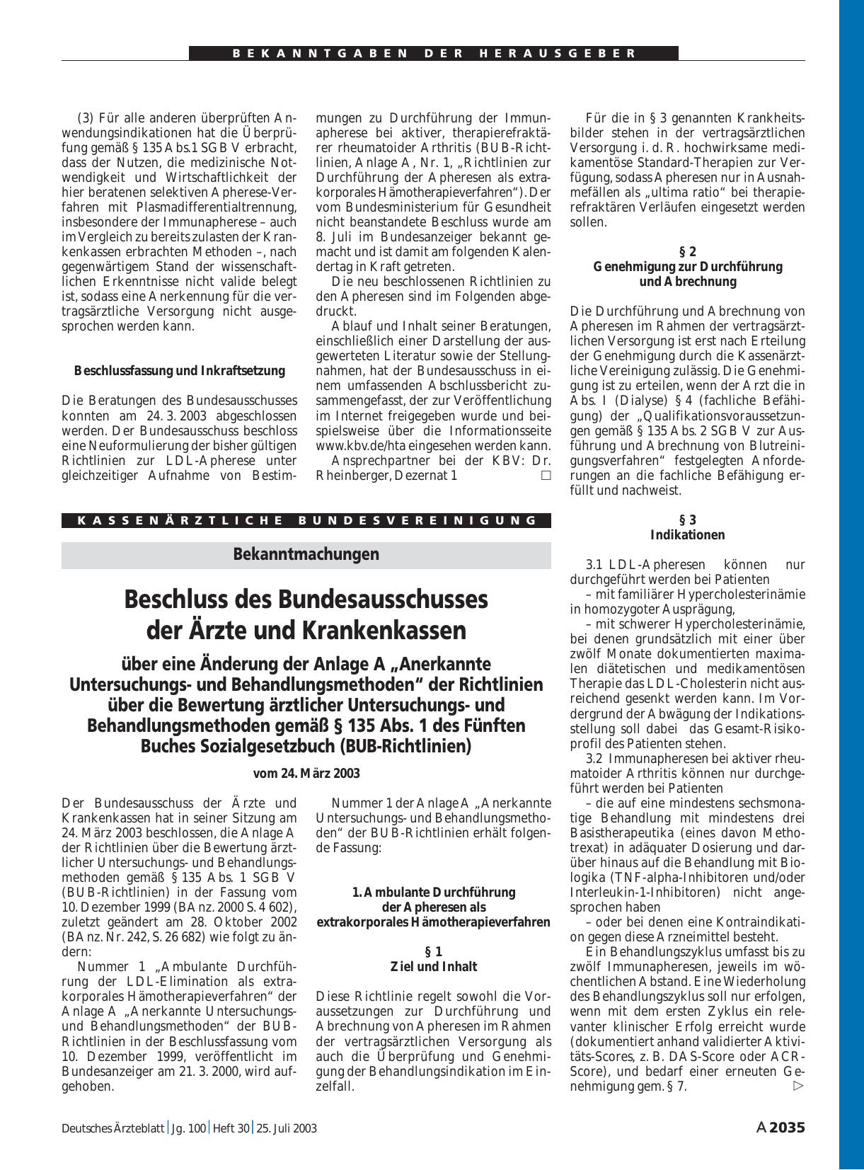 Vorschauseite 1: Bekanntmachungen: Beschluss des Bundesausschusses der Ärzte und Krankenkassen