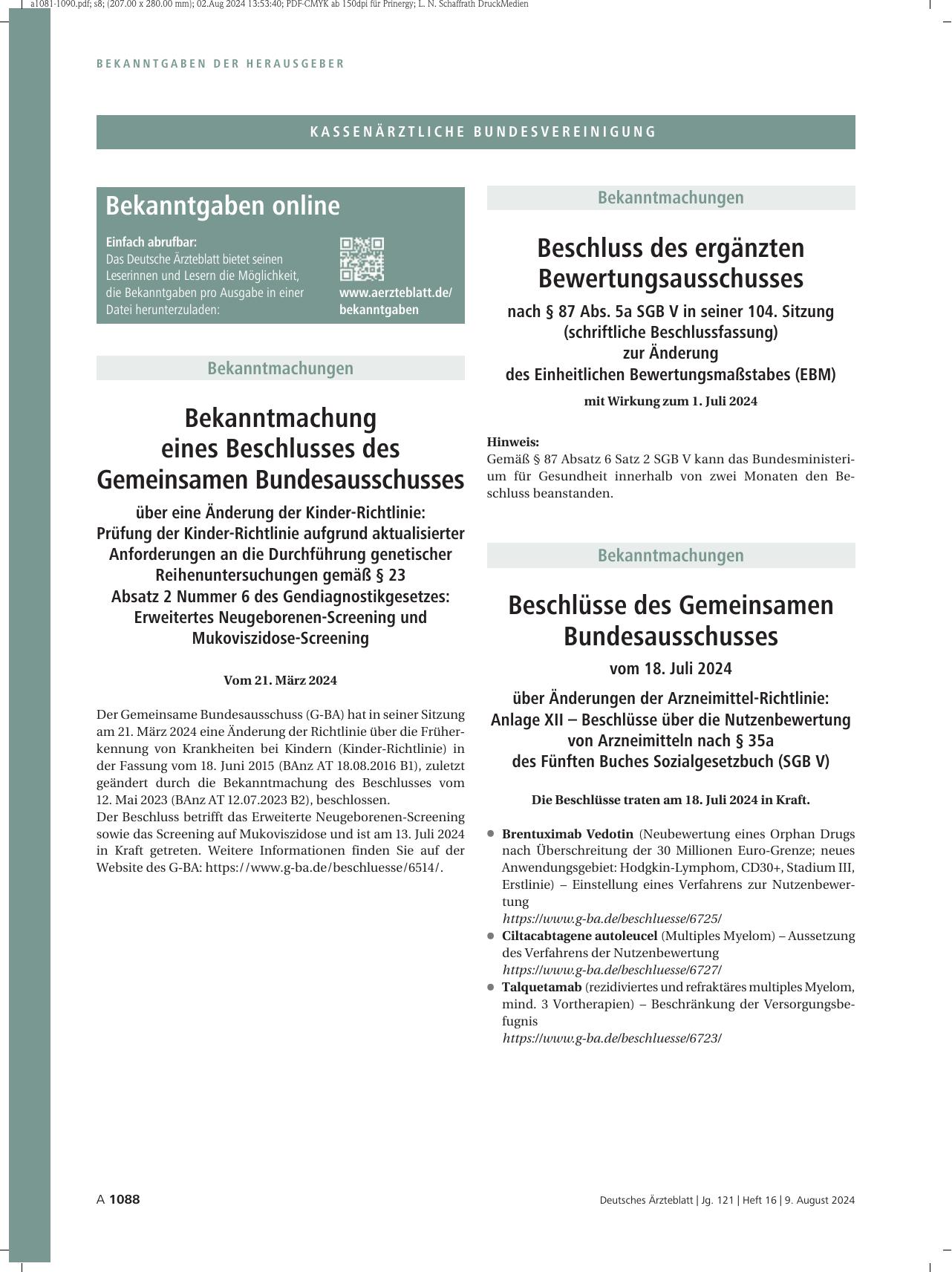 Vorschauseite 1: Beschluss des ergänzten Bewertungsausschusses nach § 87 Abs. 5a SGB V in seiner 104. Sitzung (schriftliche Beschlussfassung) zur Änderung des Einheitlichen Bewertungsmaßstabes (EB…