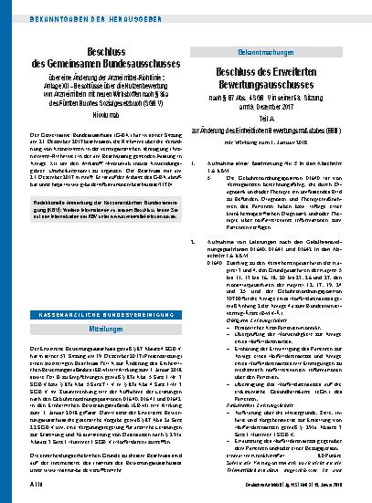 Vorschauseite 1: Beschluss des Erweiterten Bewertungsausschusses nach § 87 Abs. 4 SGB V in seiner 53. Sitzung am 19. Dezember 2017: Teil A, TEIL B