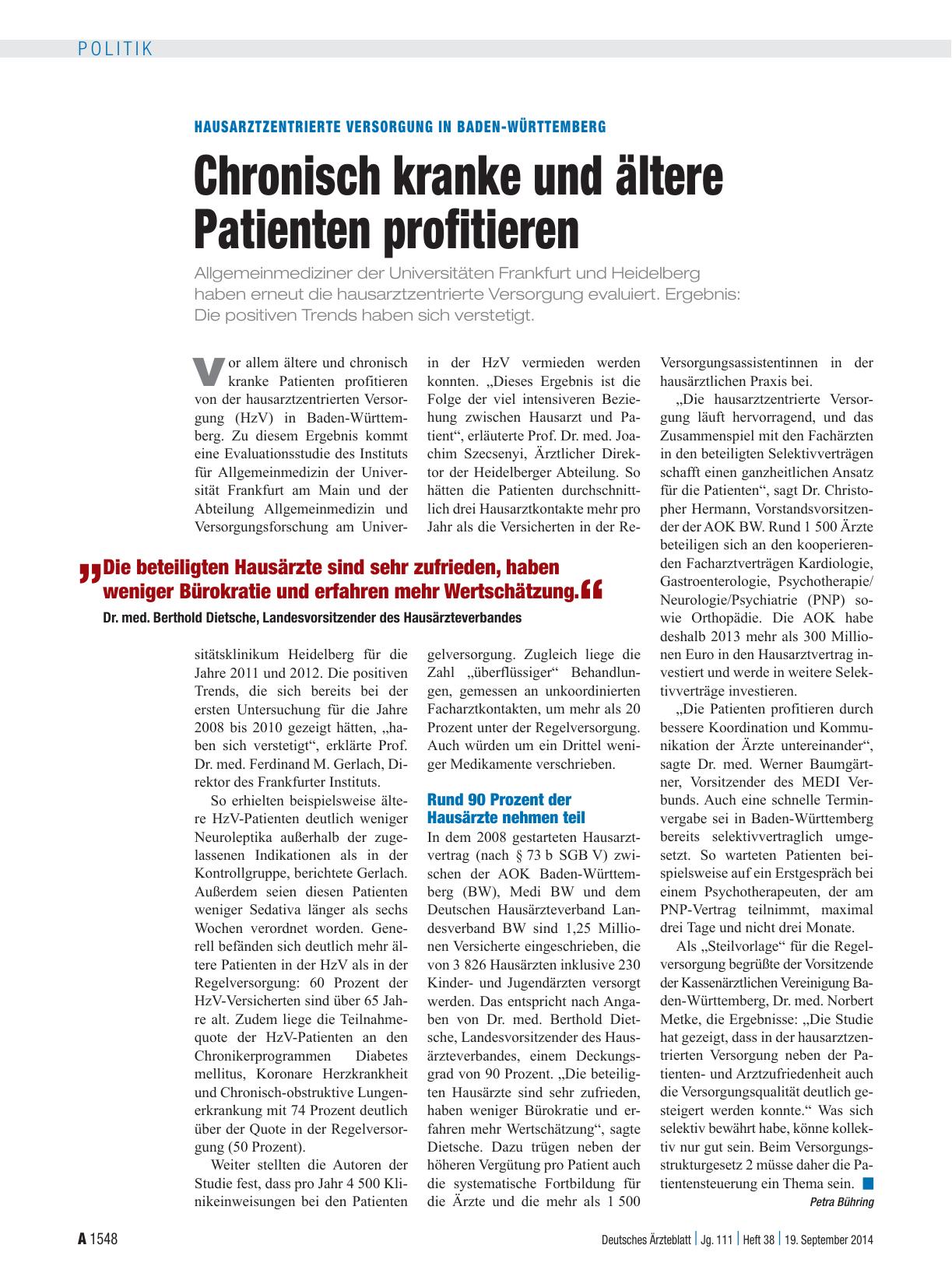 Vorschauseite 1: Hausarztzentrierte Versorgung in Baden-Württemberg: Chronisch kranke und ältere Patienten profitieren