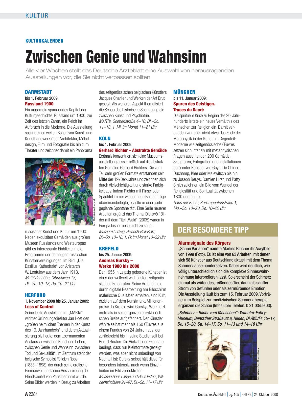 Vorschauseite 1: Kulturkalender: Zwischen Genie und Wahnsinn